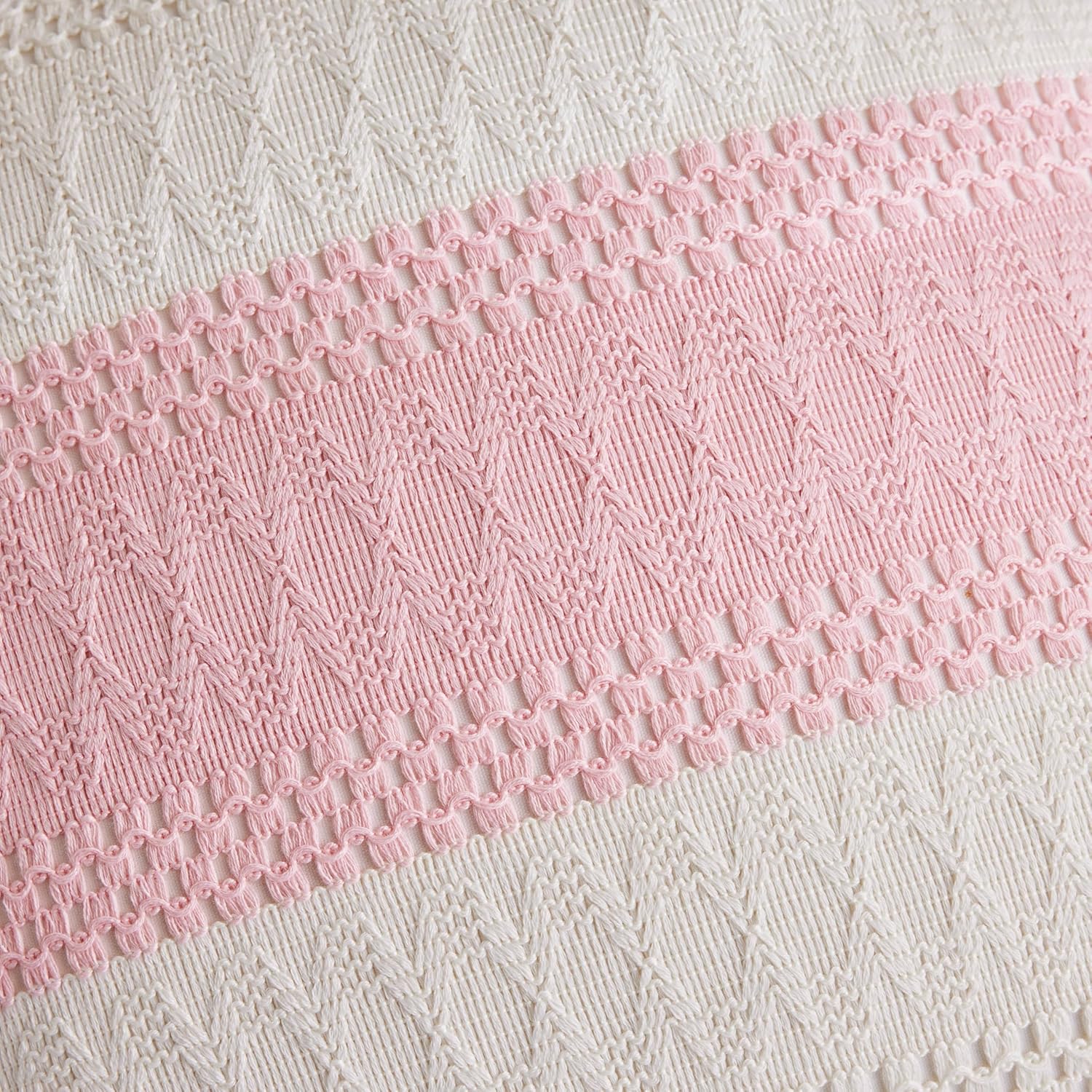 Soft Cotton Boho Throw Pillow Covers Set of 2, Natural White/Contrast Light Pink 24x24 Inch, Light Pink Farmhouse Decorative Cushion Covers for Sofa Bed Living Room Home Decor