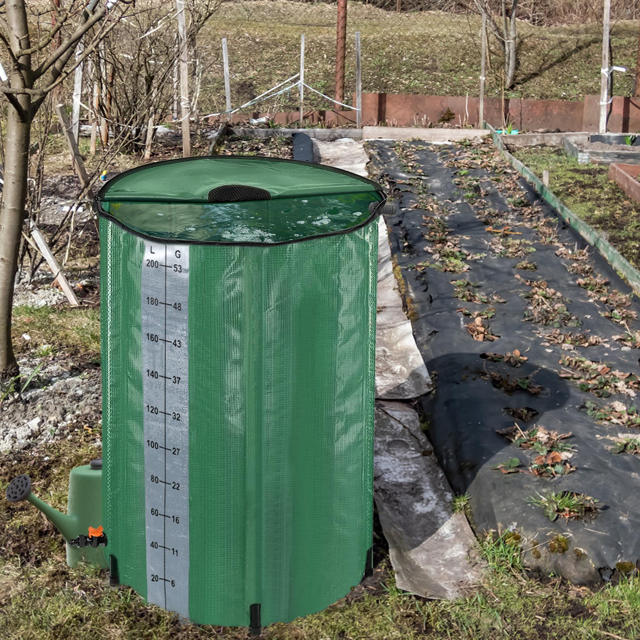 Regenton, 750 litros, colector de lluvia plegable con válvula de drenaje, grifo y cuenco de agua, depósito de agua para jardín, verde