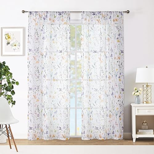 Miniatura 1 de Fragrantex Cortinas traslúcidas de acuarela floral amarillo y gris, 84 pulgadas de largo para sala de estar, estampado botánico, tela texturizada de