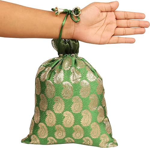 Miniatura 7 de Touchstone Bolsas de cordón tradicionales indias hechas a mano en tela brocado con patrón de cachemira, perfectas para regalos, joyas, bodas, dulce