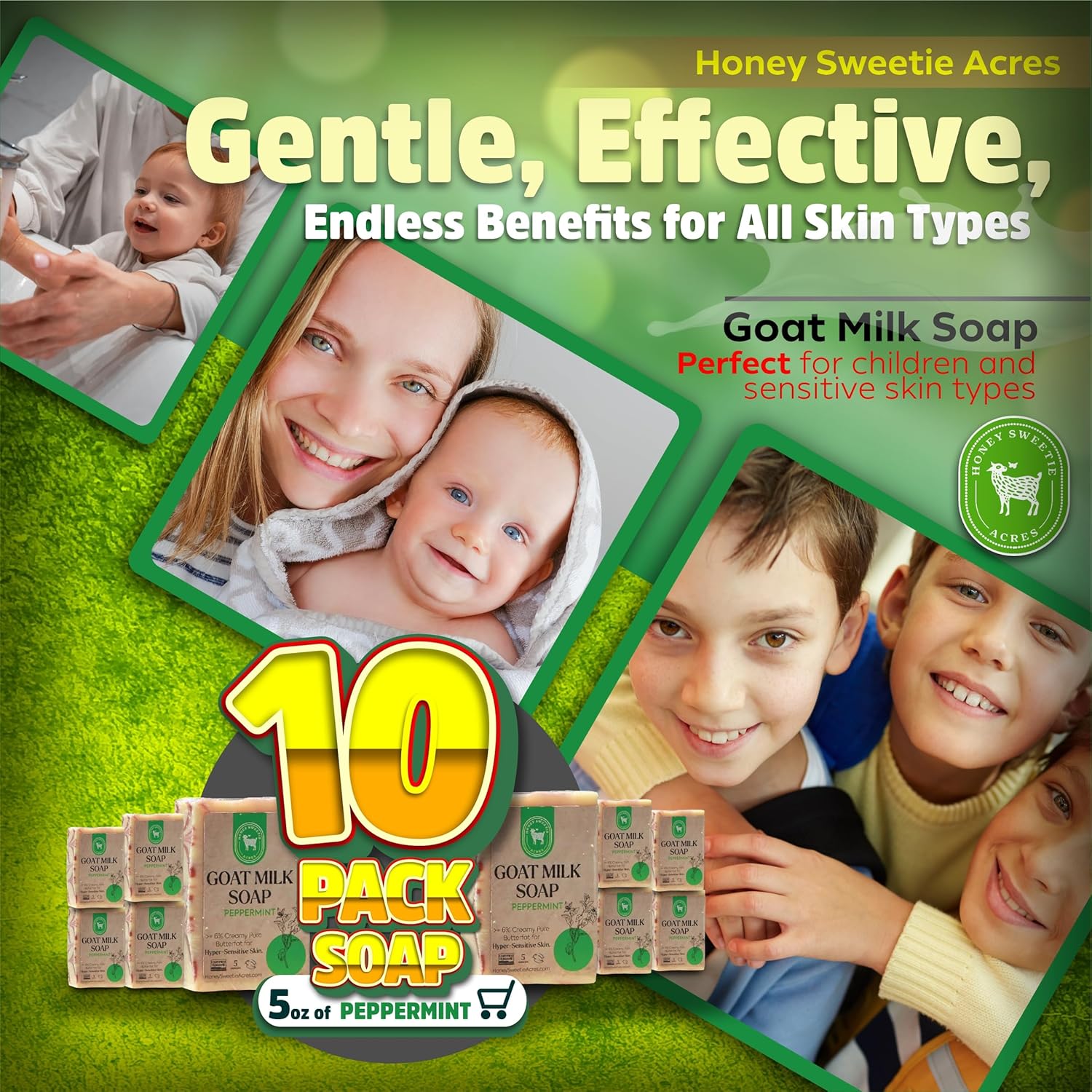 Honey Sweetie Acres 10-Pack of Peppermint Goat Milk Soap - Handmade 5 oz Bar, Made with Natural Ingredients, Moisturizing & Gentle, Made in the USA