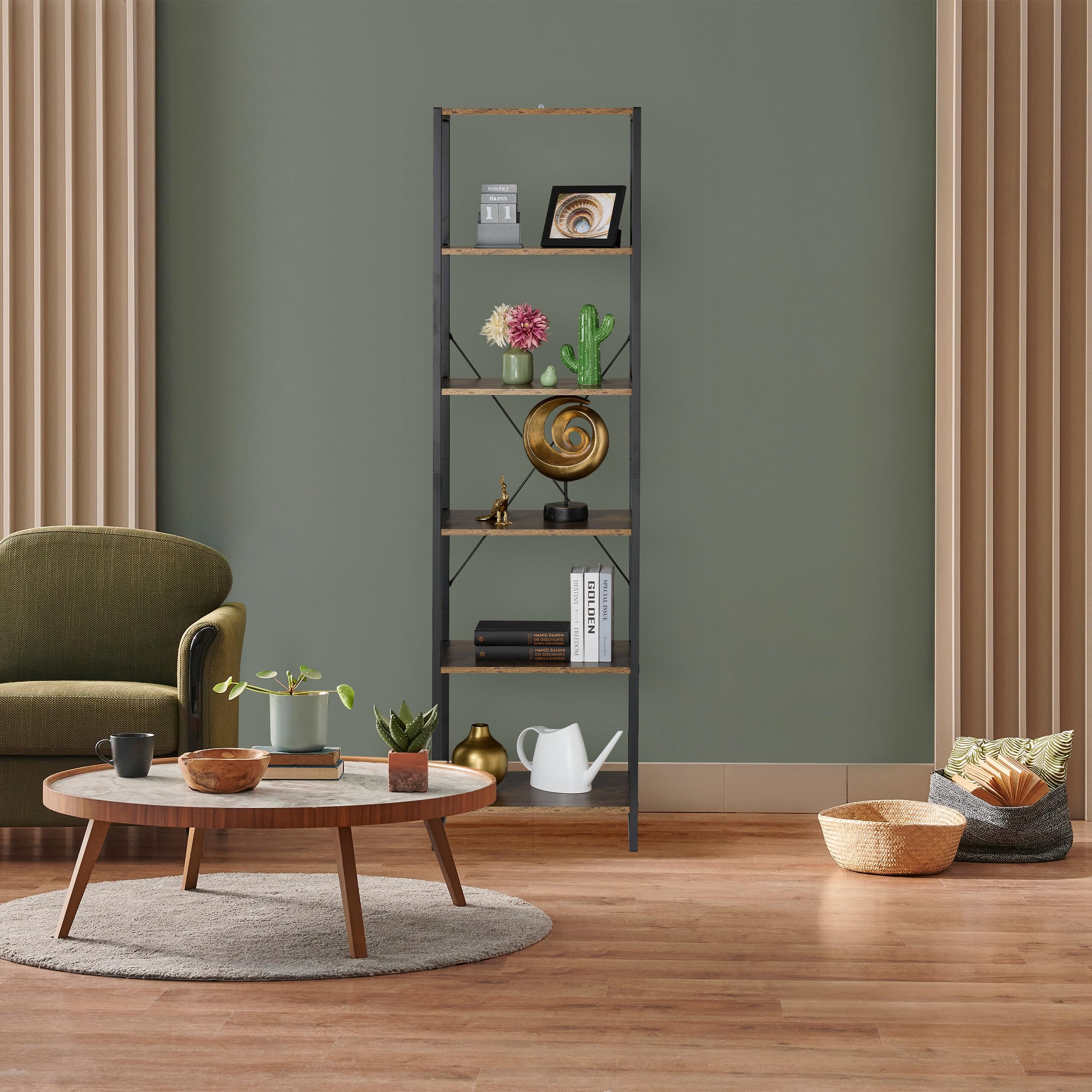 Relaxdays Scaffale Libreria in Stile Industrial, 6 Ripiani, Mobile da Salotto o Cucina, HLP: 180x50x35 cm, Nero Marrone