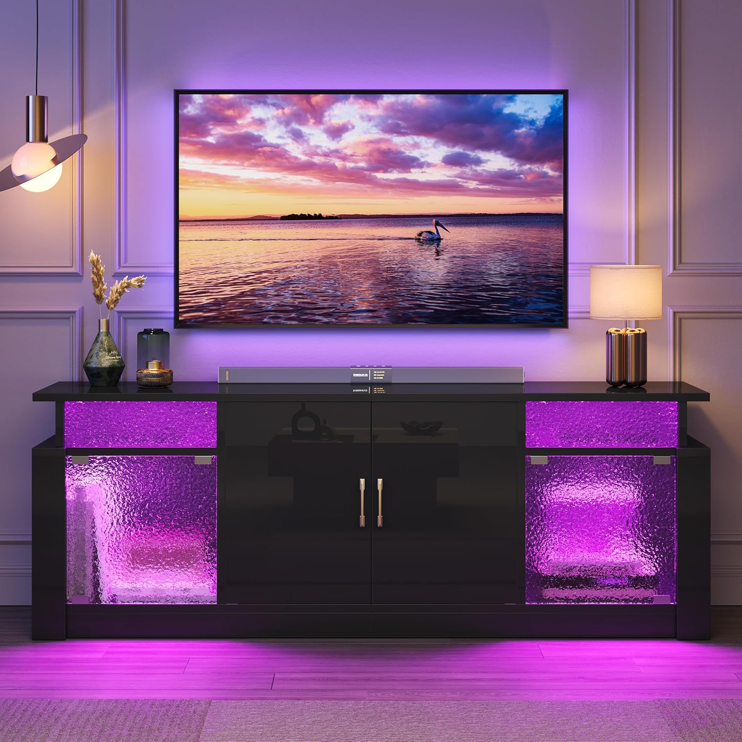 Bestier TV Stand for 55 65 inch TV, LED Entertainment Center with Storage Cabinets & Adjustable Shelves, Modern TV Console with Acrylic Door, TV Stand