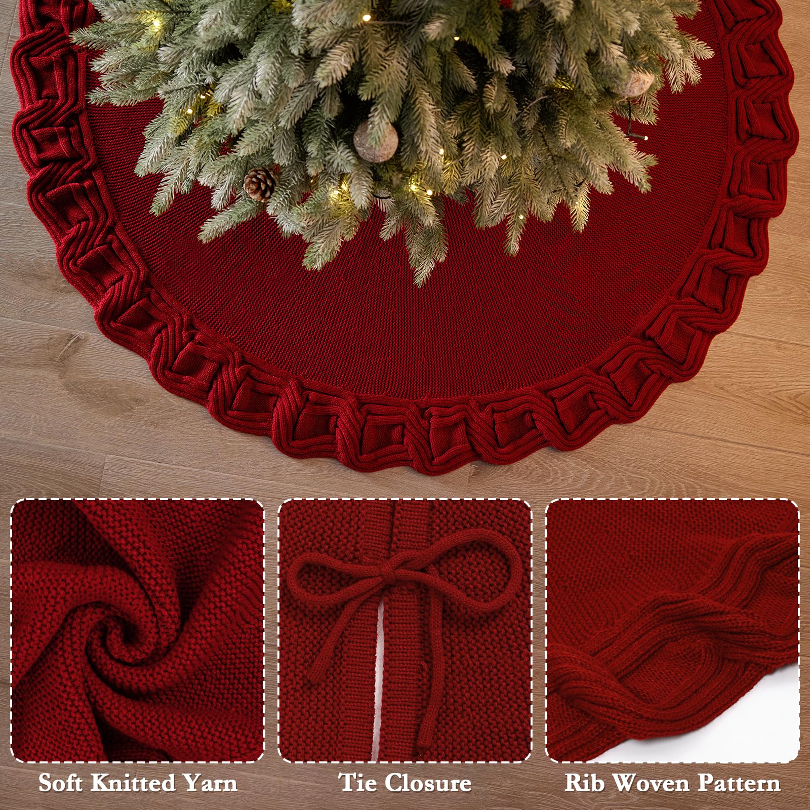 DEMIUKO 36 Inch Christmas Tree Skirt Red Xmas Tree Base Cover Mat Knitted Tree Skirt Soft 3D Woven Pine Tree Floor Mat Petals Ruffled Christmas Tree Decorations for Home Party Festival - Image 4