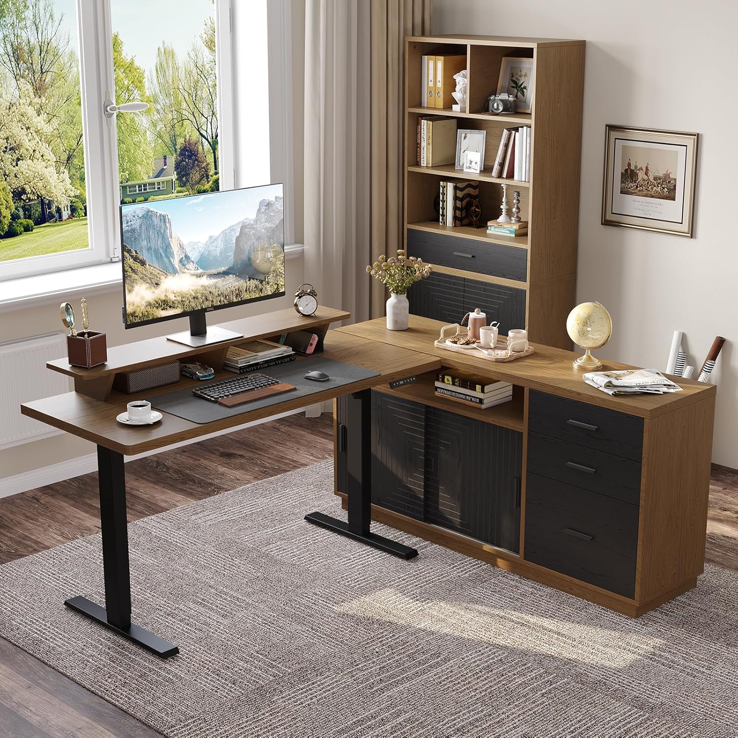 ONBRILL Home Office Furniture Sets, 63'' Standing Desk with 55'' File Cabinet, Electric Height Adjustable Standing Desk with 71'' Tall Modern Bookshelf, Home Office Furniture Set, Oak Brown