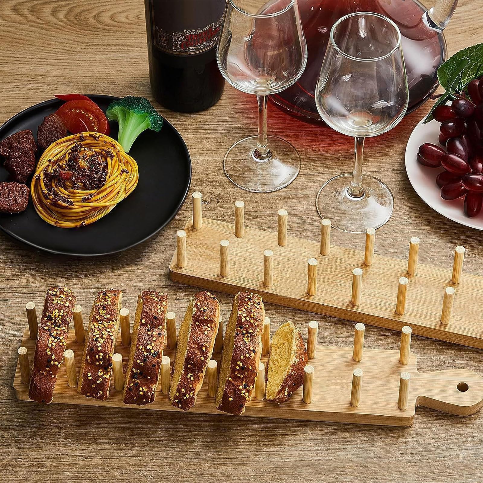 2 Pezzi Supporti Taco in Legno, Porta Tacos, Vassoio per Tacos, Vassoio per Burritos, Struttura Robusta 8 Posti, 2 Pinze Incluse, per Tortillas, Hot Dog, Panini, Torte e Pane