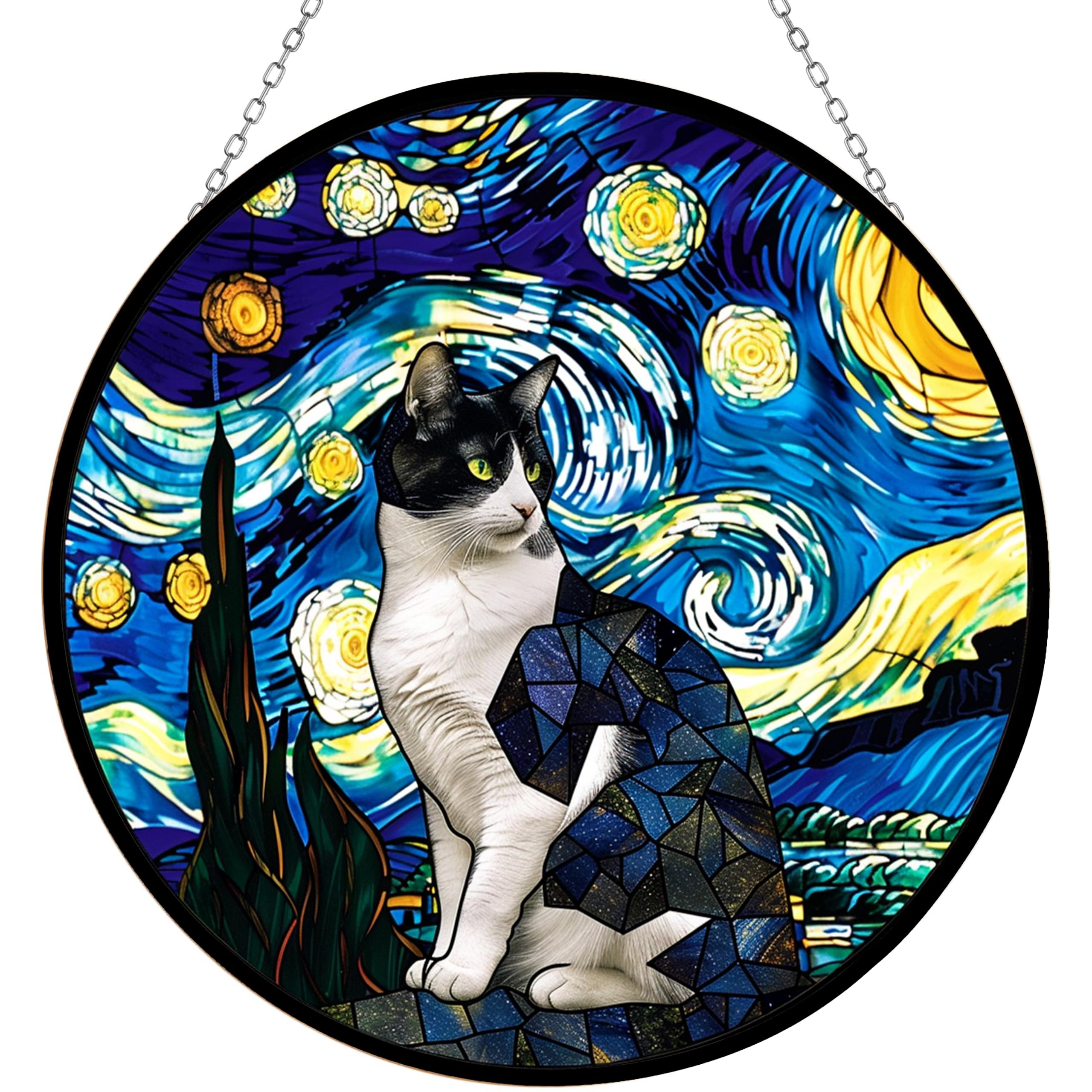 365CUSGIFTS Starry Tuxedo Cat Stained Glass Suncatcher 4 Season Theme Colorful Leaves Window Wall Hanging Ornament Hand-Painted Glass Panel Decor Gift for Women Christmas Thanksgiving Gift 6.3