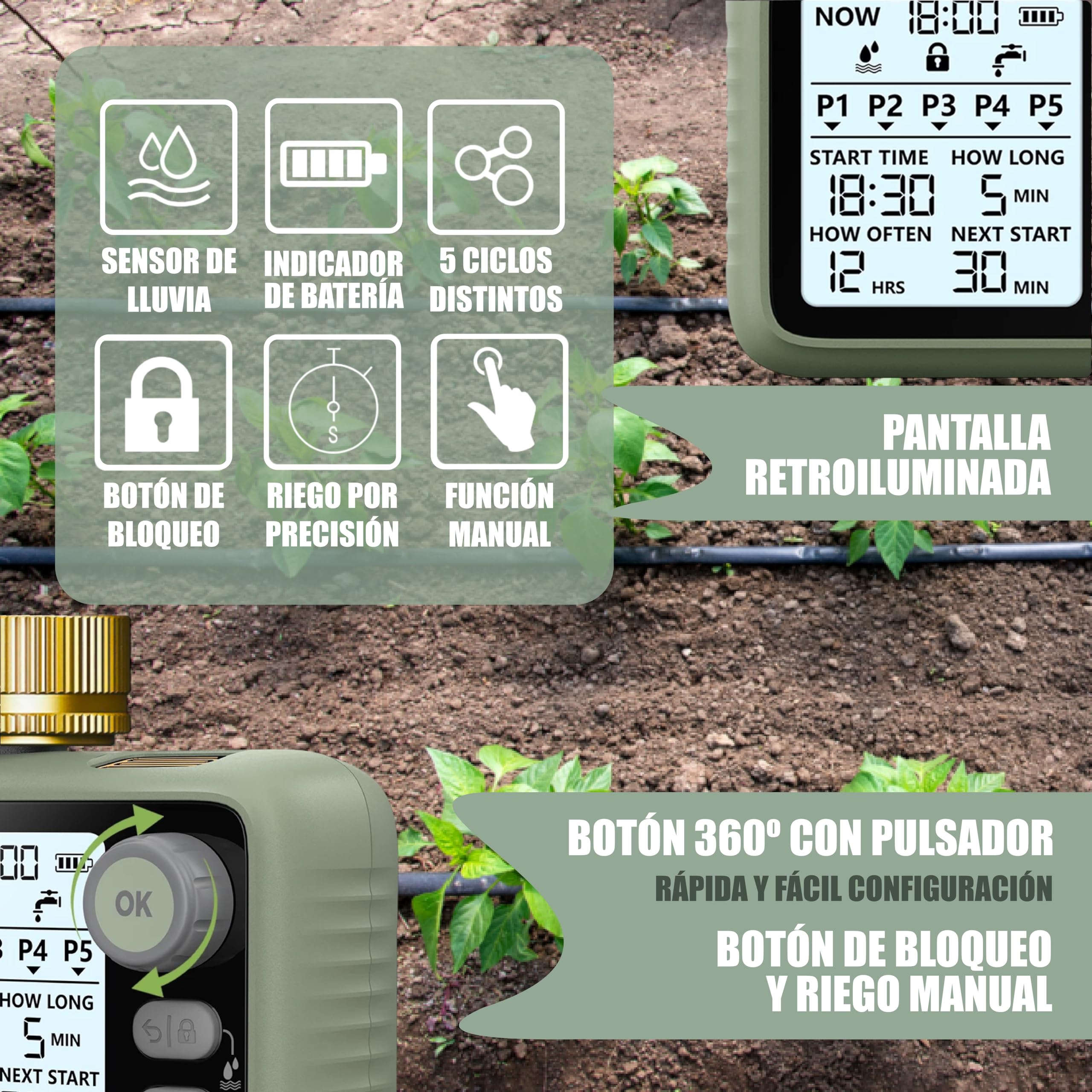 Programador de Riego Premium. Conectores de Latón, Sensor de Lluvia, Pantalla Retroiluminada, Temporizador de Bajo Consumo a Pilas, 5 Programas Independientes, Fácil e Intuitivo.