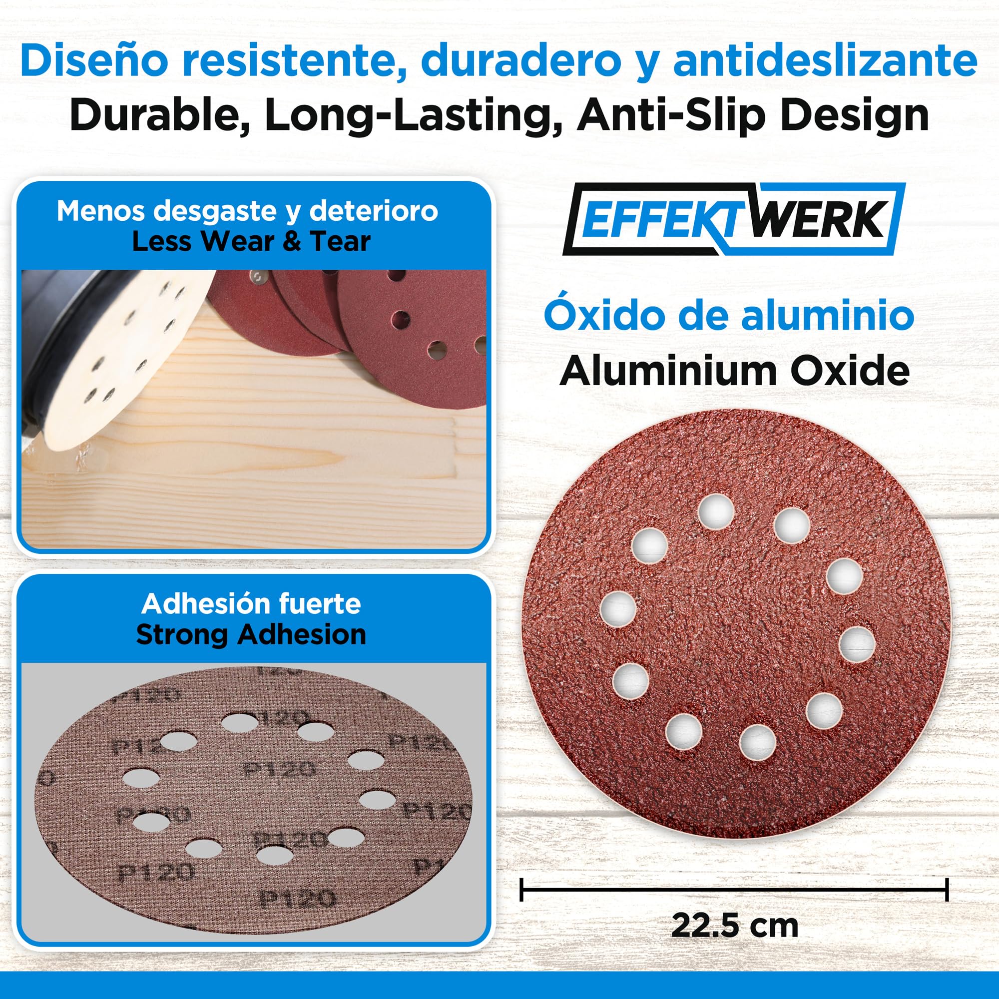 Discos de lijado (paquete de 60, 10 agujeros), papel de lija de 225 mm para lijado fino y grueso, varios tamaños de grano 40/60/80/120/180/240 (10 unidades cada uno)