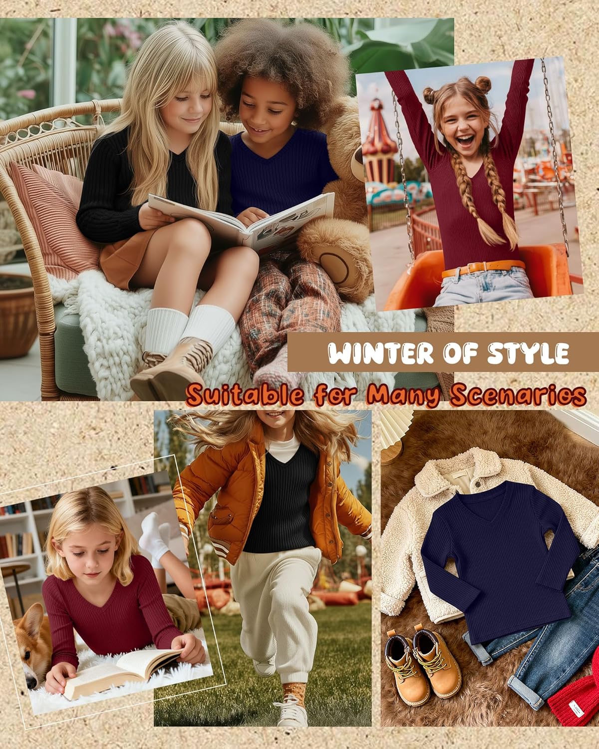 3 Pack Girls Long Sleeve Cotton Shirts Ribbed Knit Layering Tops Slim Fit V Neck Basic Undershirts - Image 4