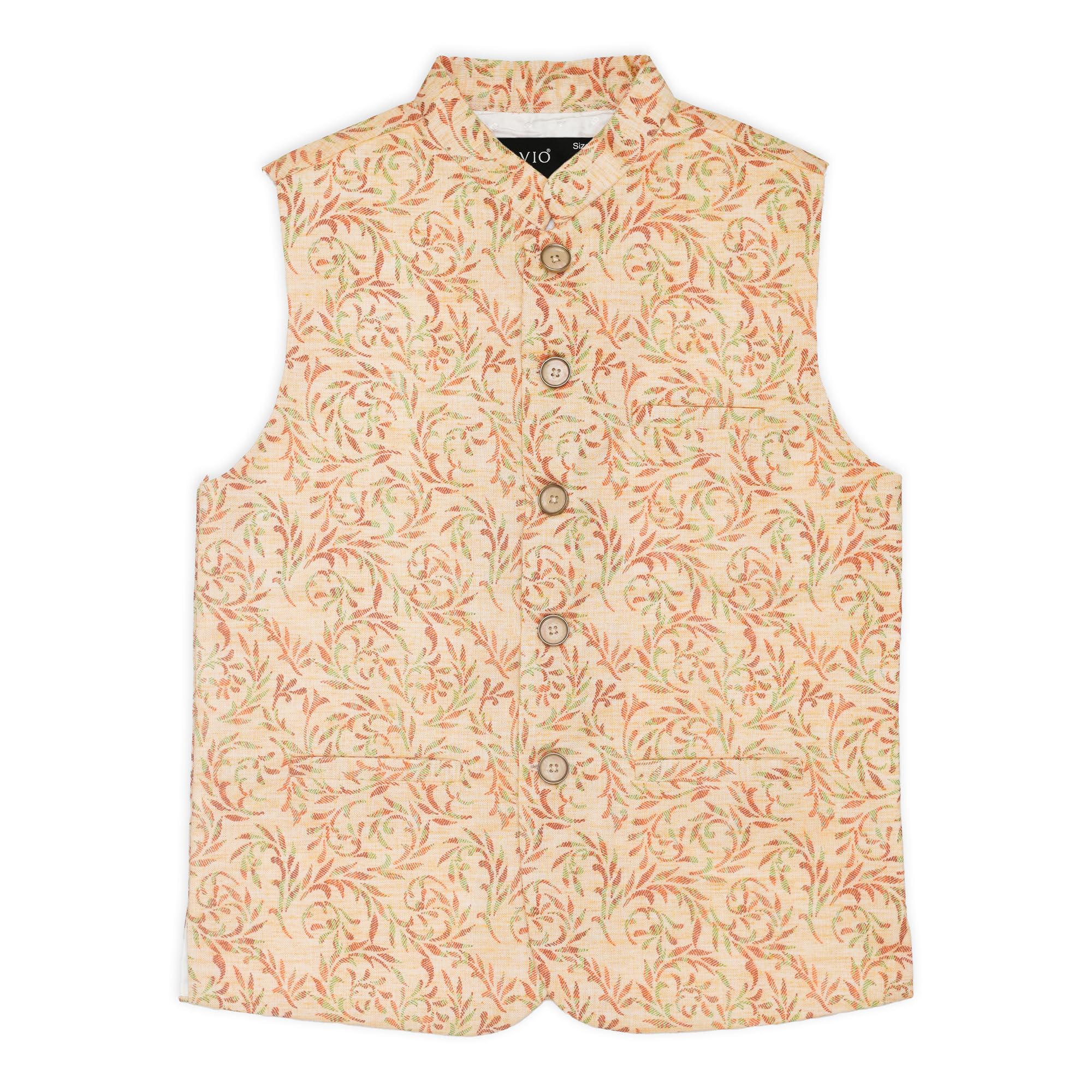 CAVIO Boys Peach Traditional Floral Print Nehru Jacket With Shirt 1