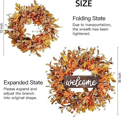 Vista 6 de Sggvecsy Artificial Fall Wreath - 18'' Autumn Front Door Wreath with Fall Leaves, Small Pumpkins, Cluster of Berries for Outside, Indoor, Wall
