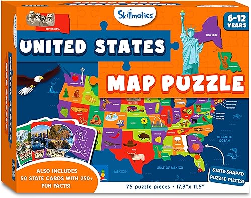Miniatura 8 de Skillmatics Rompecabezas de mapa de Estados Unidos, rompecabezas de 75 piezas, juguete educativo, geografía para niños, más de 250 datos sobre los