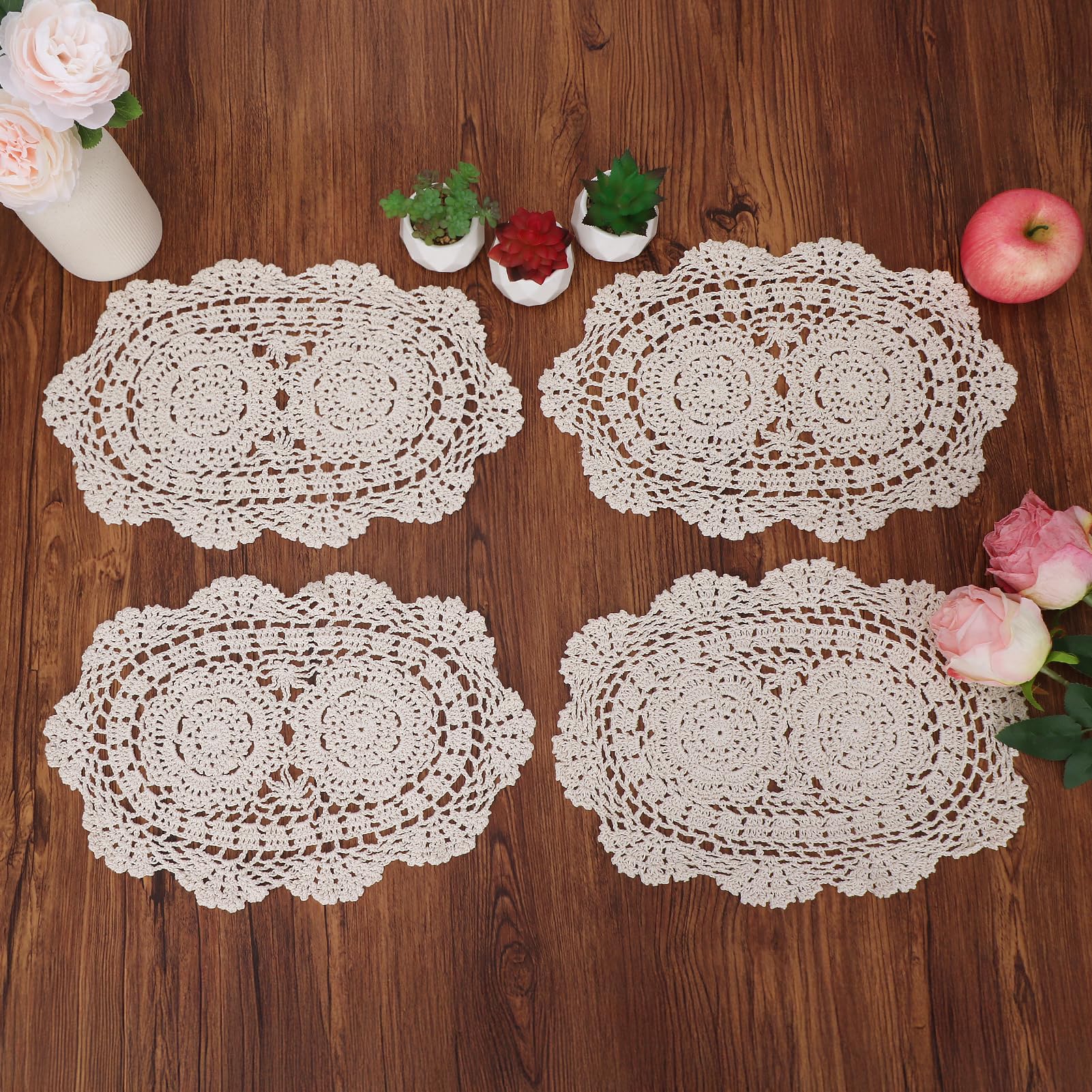 Sets de table en dentelle coton beige 25x35cm napperon de table ovale vintage