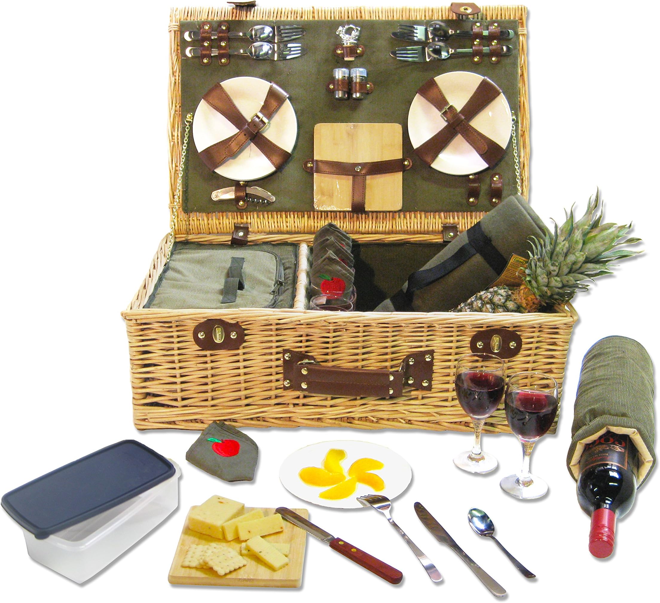 Zelikovitz VHOB Picnic Classic Wicker Picnic Basket with Built-in Food Compartment with Fleece Blanket - Green