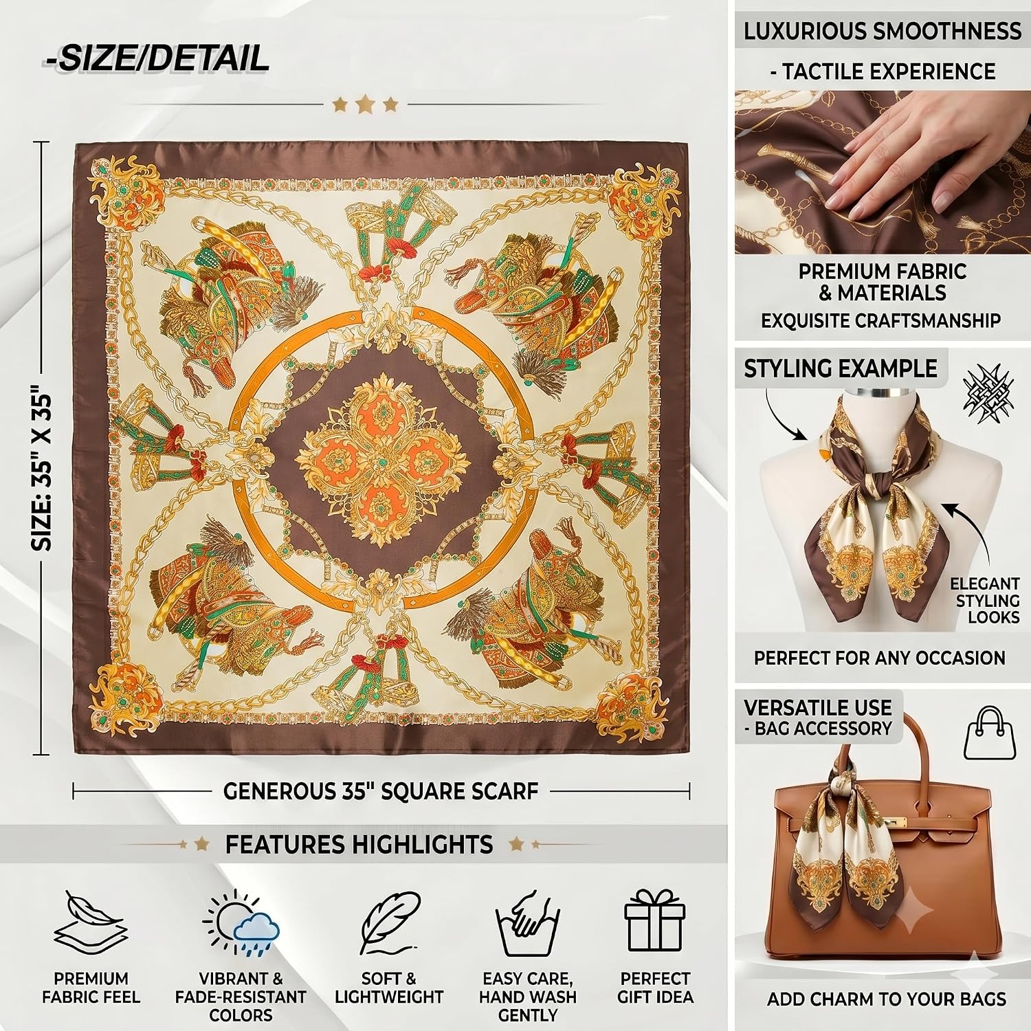 YOUR SMILE Silk Like Scarf Women's Fashion Pattern Large Square Satin Headscarf Headdress image 5