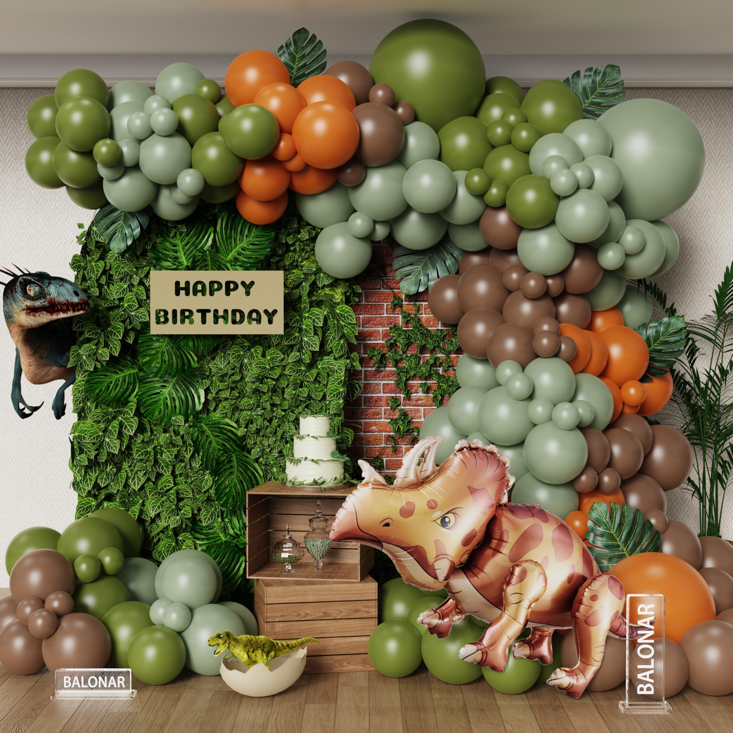 Dinosaur Balloons Arch Garland Kit Sage Green Brown Orange 40inch 3D Foil Balloon for Jungle Safari Dinosaur Themed Party Baby Shower Decorations