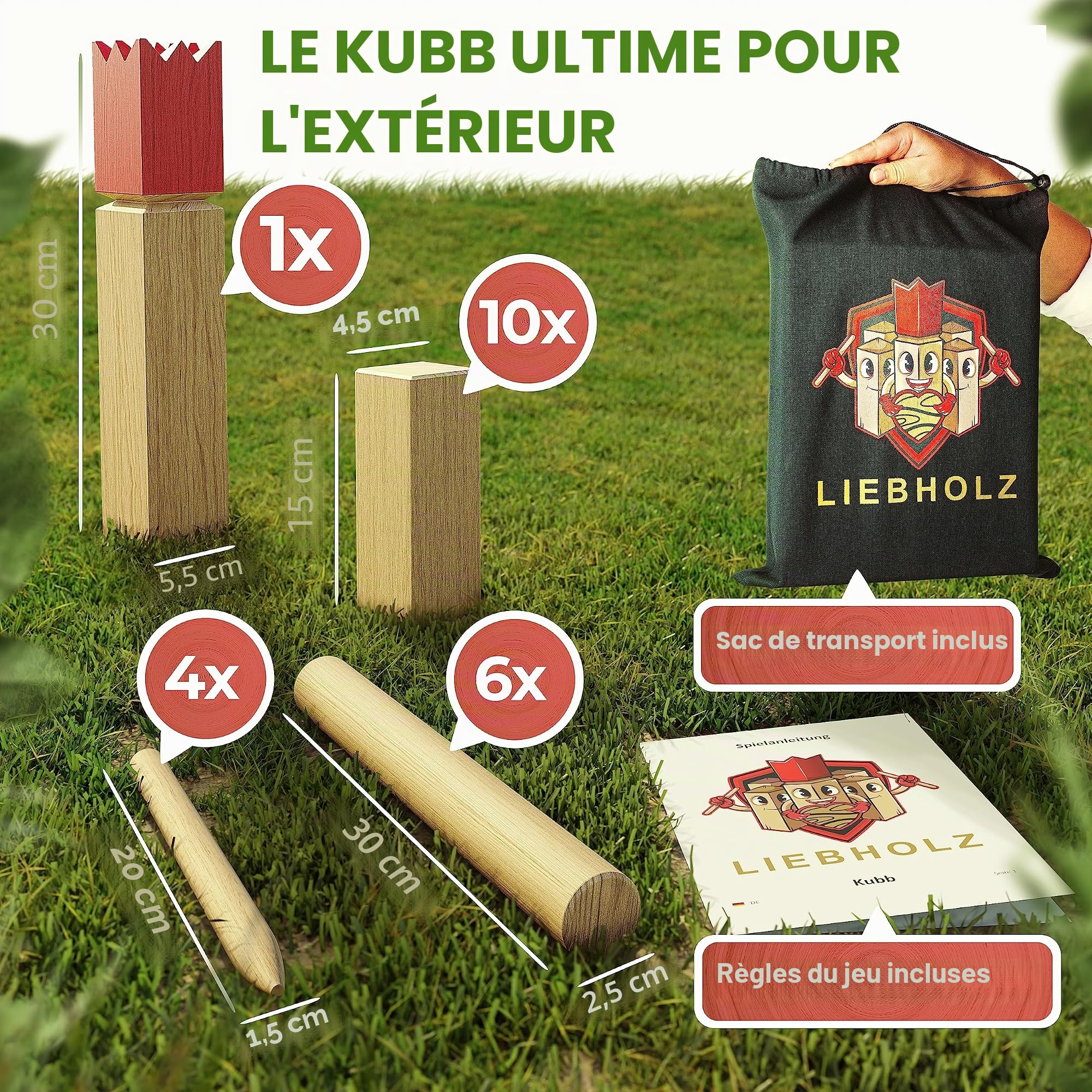Jeu de Lancer Kubb Viking Original [vainqueur du Test] avec Sac de Transport et Instructions de Jeu | Échecs suédois en Bois d'hévéa FSC | Jeu Viking XL Robuste pour Une Utilisation en ext