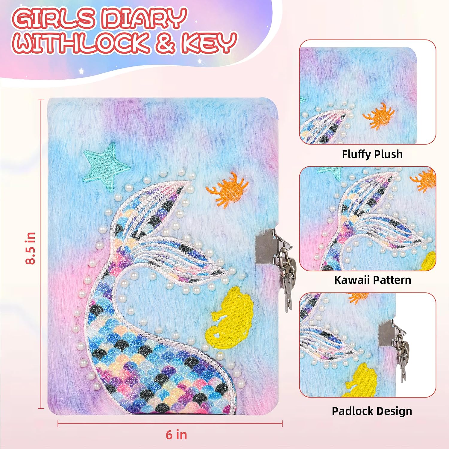 LiYiQ Plush Mermaid Diary Gift Travel Journal Secret Diary with Scrapbook Paper Stickers Journal Stencils Pompom Pen and Washi Tape Practical Set Gift for Birthday Christma image 5