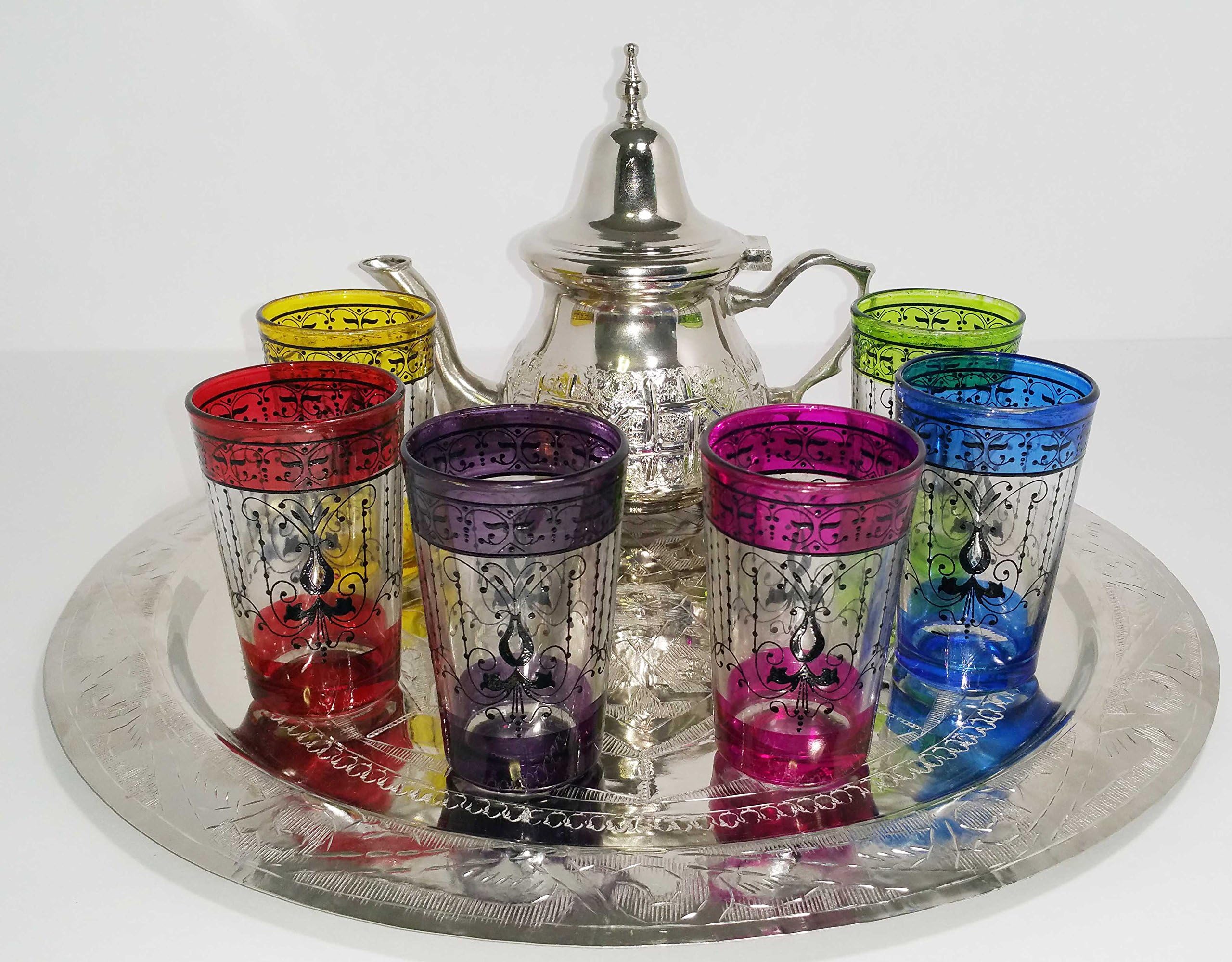 Moroccan Tea Serving Tray Set 1 TEAPOT 6 GLASSES 1 Tray Turkish Middle East