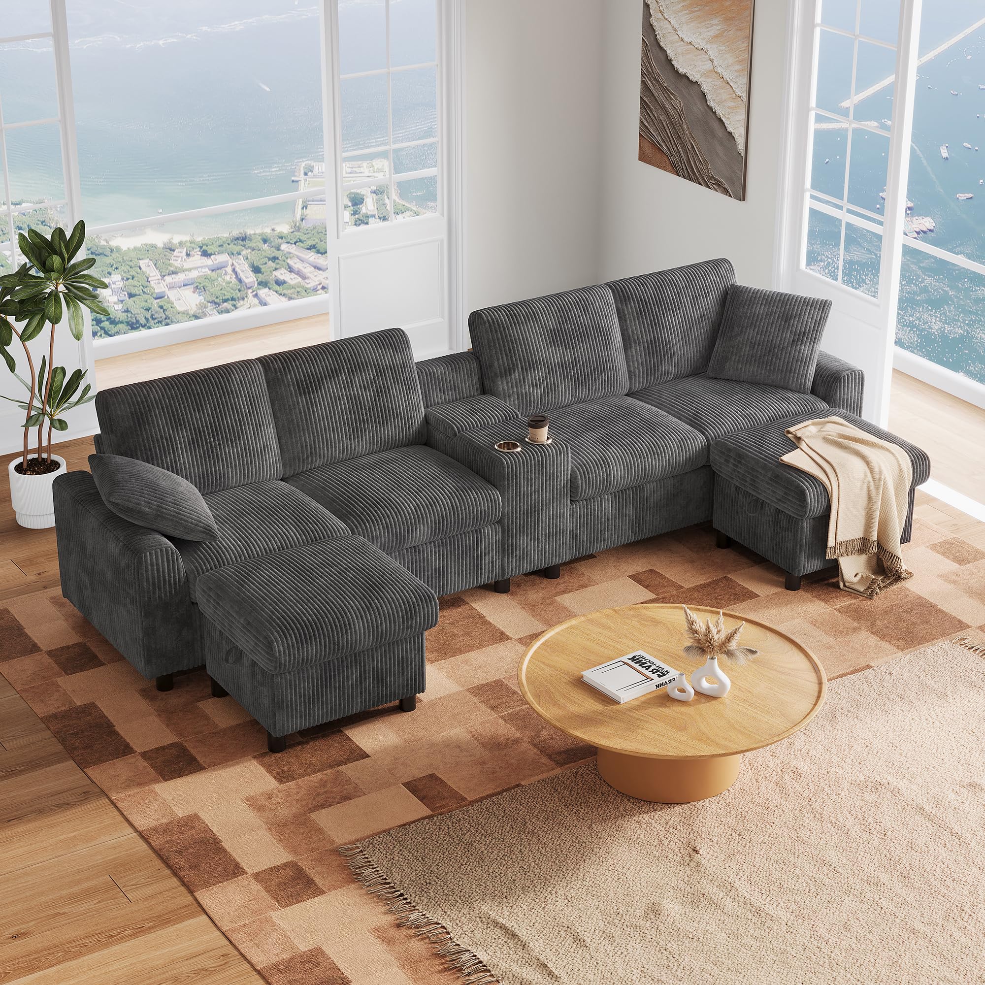 LAKFEW Sofa de 4 Plazas en U con USB C y 2 Reposapiés de Almacenaje, Sofas de Salon 4 Plazas con 2 Portavasos y 2 Cojines, Sofa Modular Rinconera, Couch, Pana, 315x135x81 cm, Gris