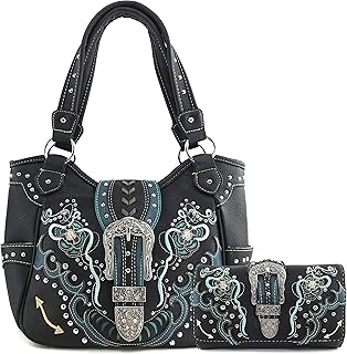 Zelris Floral Poppy Buckle Western Women Conceal Carry Tote Handbag Purse Set (Black)