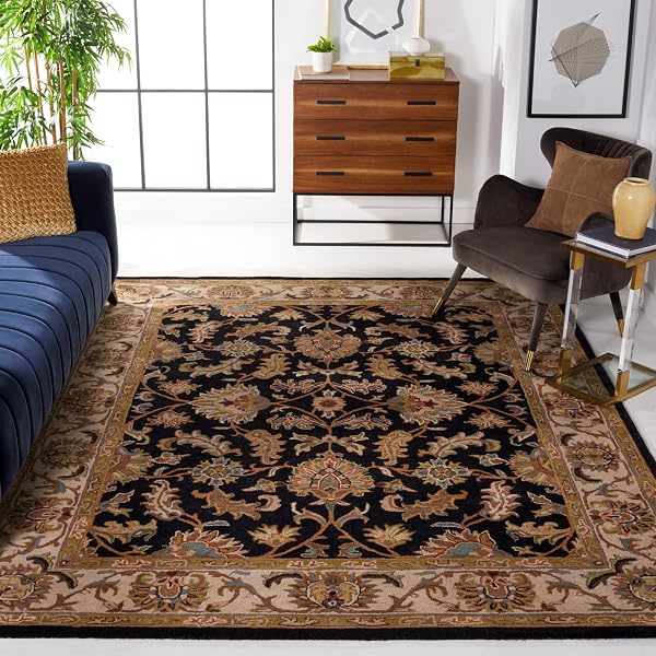 Traditional Oriental Black and Beige Rug