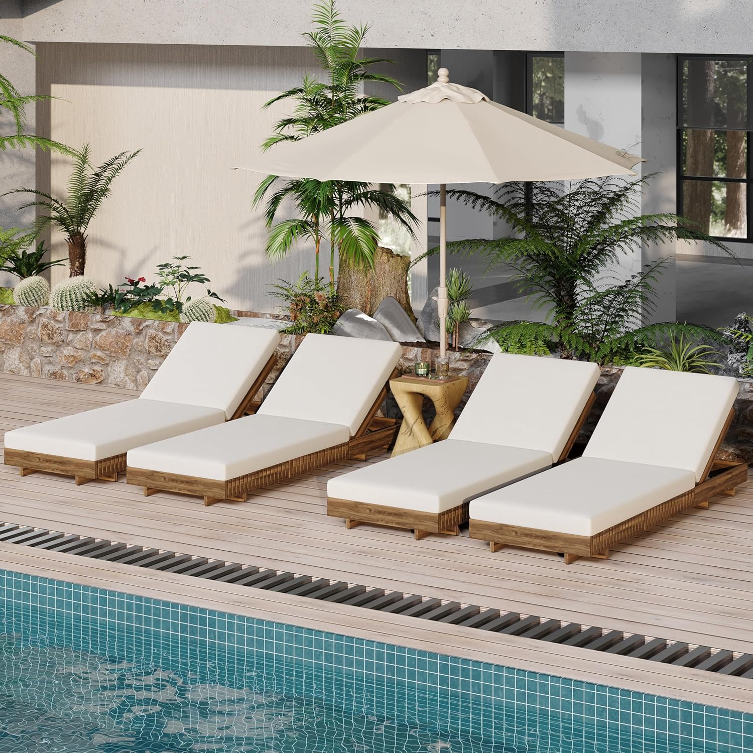 Merax 4-Piece Acacia Wood Chaise Lounge Set w/ 6-Position Adjustable Backrest & Cushion - Outdoor Patio Poolside Furniture, Beige