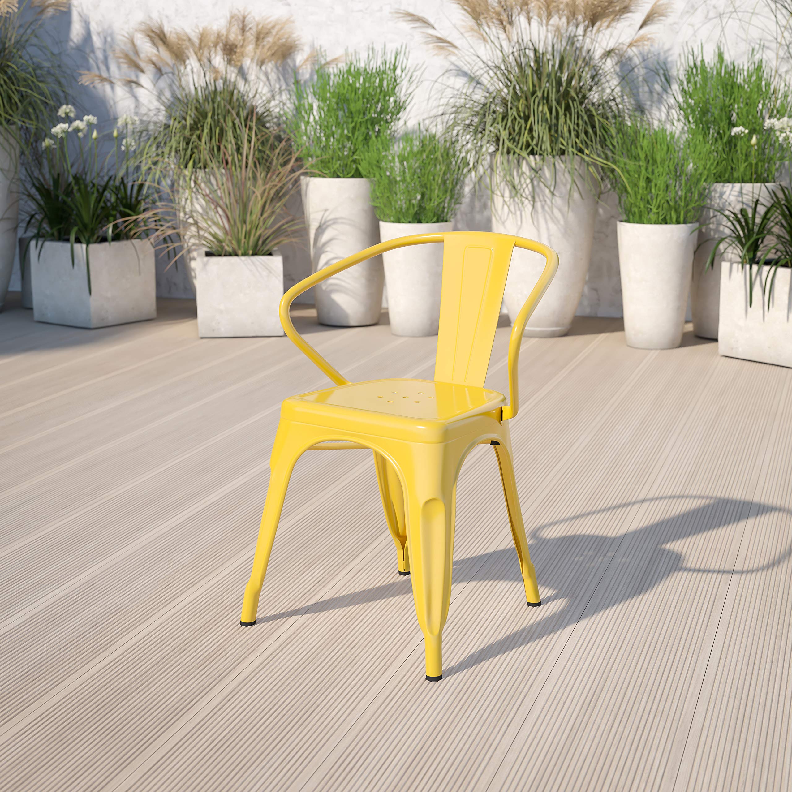 EMMA + OLIVER Commercial Grade Yellow Metal Indoor-Outdoor Chair with Arms