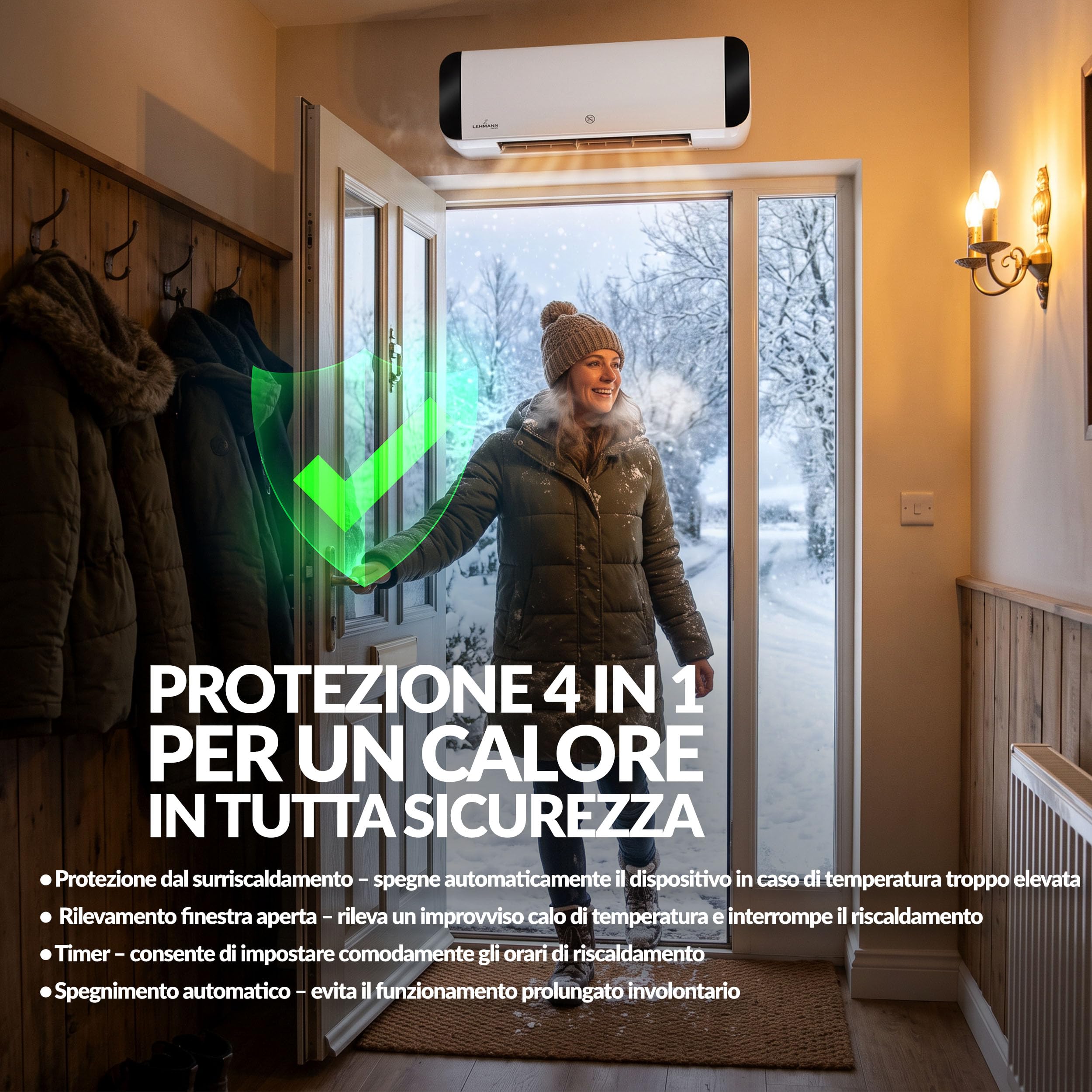 LEHMANN Termoventilatore da Parete, 2 Potenze 1000/2000 W, Riscaldatore Elettrico con Elemento Riscaldante in Ceramica, Rilevamento Finestra Aperta, Timer, Oscillazione, Controllo App e Telecomando