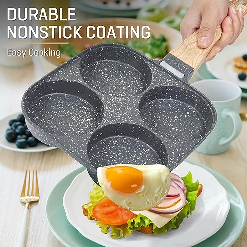 Miniatura 5 de MyLifeUNIT Sartén para huevos de 4 tazas con tapa, olla antiadherente de aleación de aluminio para desayuno, panqueques, hamburguesas, sándwiches,