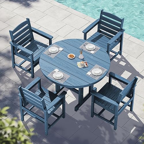 SERWALL 5-Piece Patio Dining Sets, HDPE Outdoor Table and Chairs Furniture Set, 45" Round Dining Table and 4 Dining Chairs, Navy