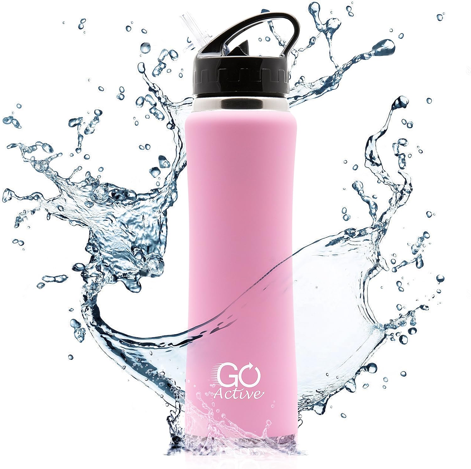 GO Active Insulated Water Bottle with Straw. Stainless Steel Double Wall Sport Bottle Featuring ActiveLock™ Thermal Vacuum Keeps ice Over 24 Hours! Durable, Portable