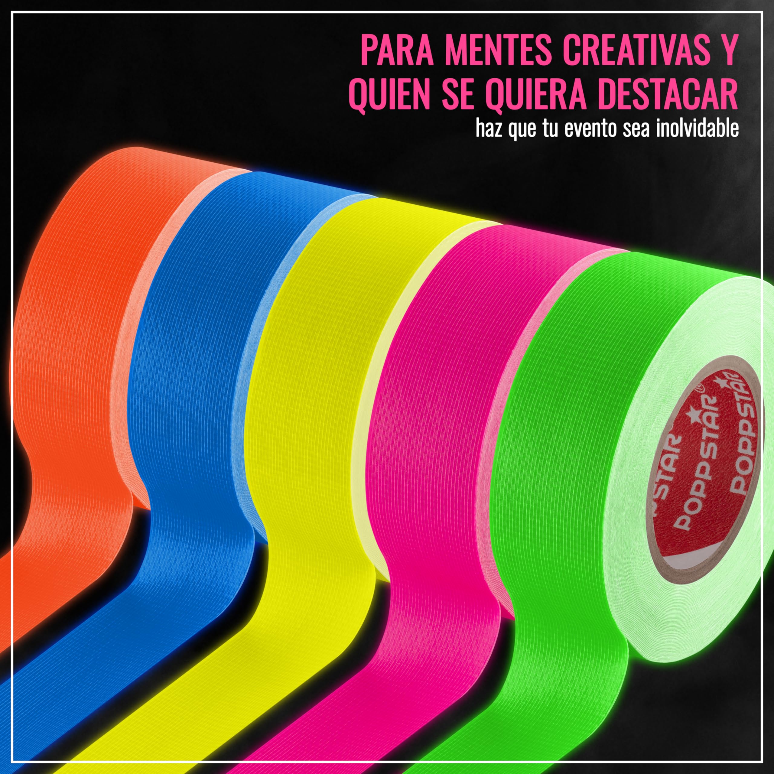 POPPSTAR 5x Cinta adhesiva fluorescente 25mm x 10m, cinta adhesiva de tejido fluorescente, amarillo, verde, rojo, azul, rosa