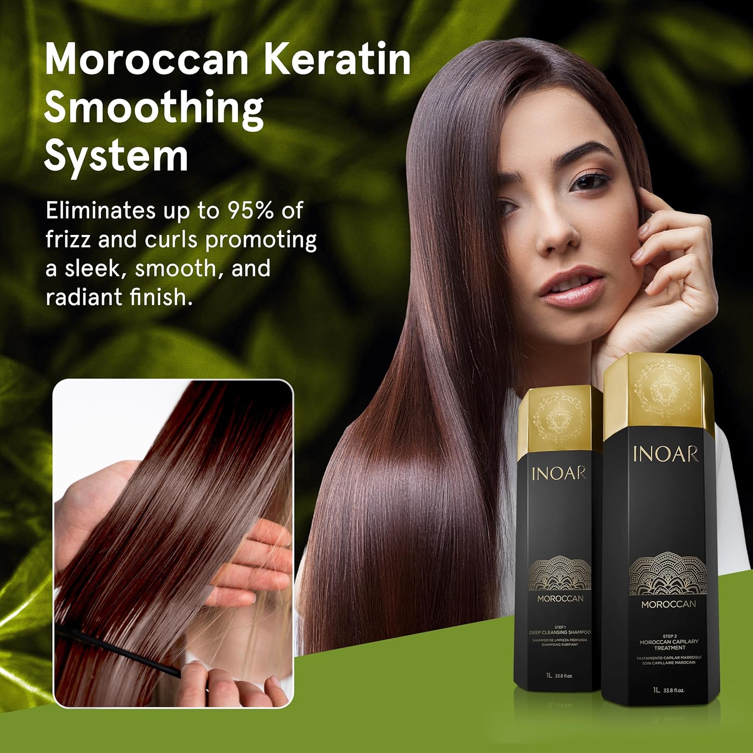 Inoar Moroccan Keratin Smoothing Treatment Set, Deep Cleansing Shampoo & Smoothing Treatment with White Clay & Cocoa Oil, 33.8 fl oz Each