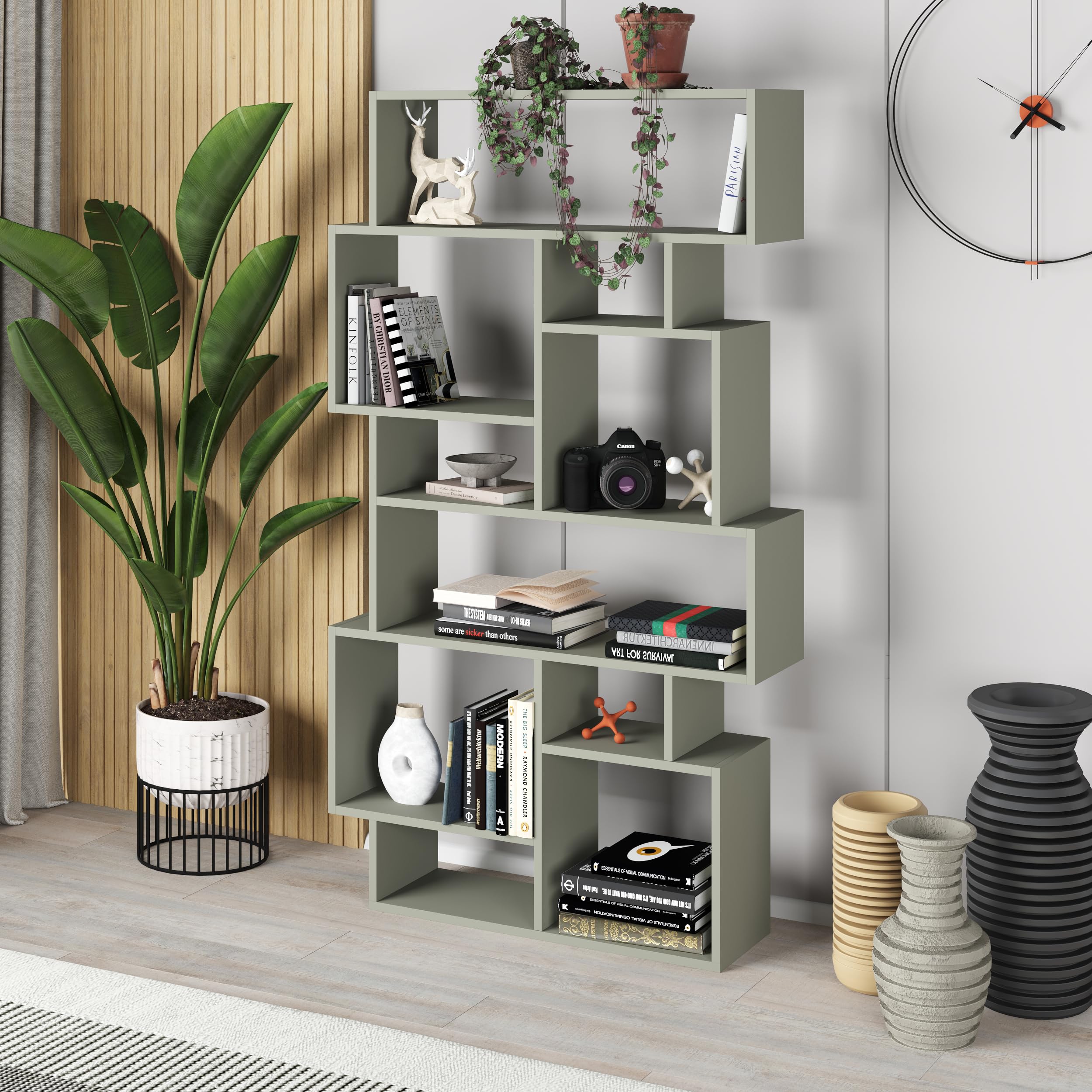 HOCUS PICUS 6 Tier Bookcase 96x26x169cm - Many Colour Options - Living Room Furniture - Easy to Assemble - Book Storage - Display Unit (Ash Green)