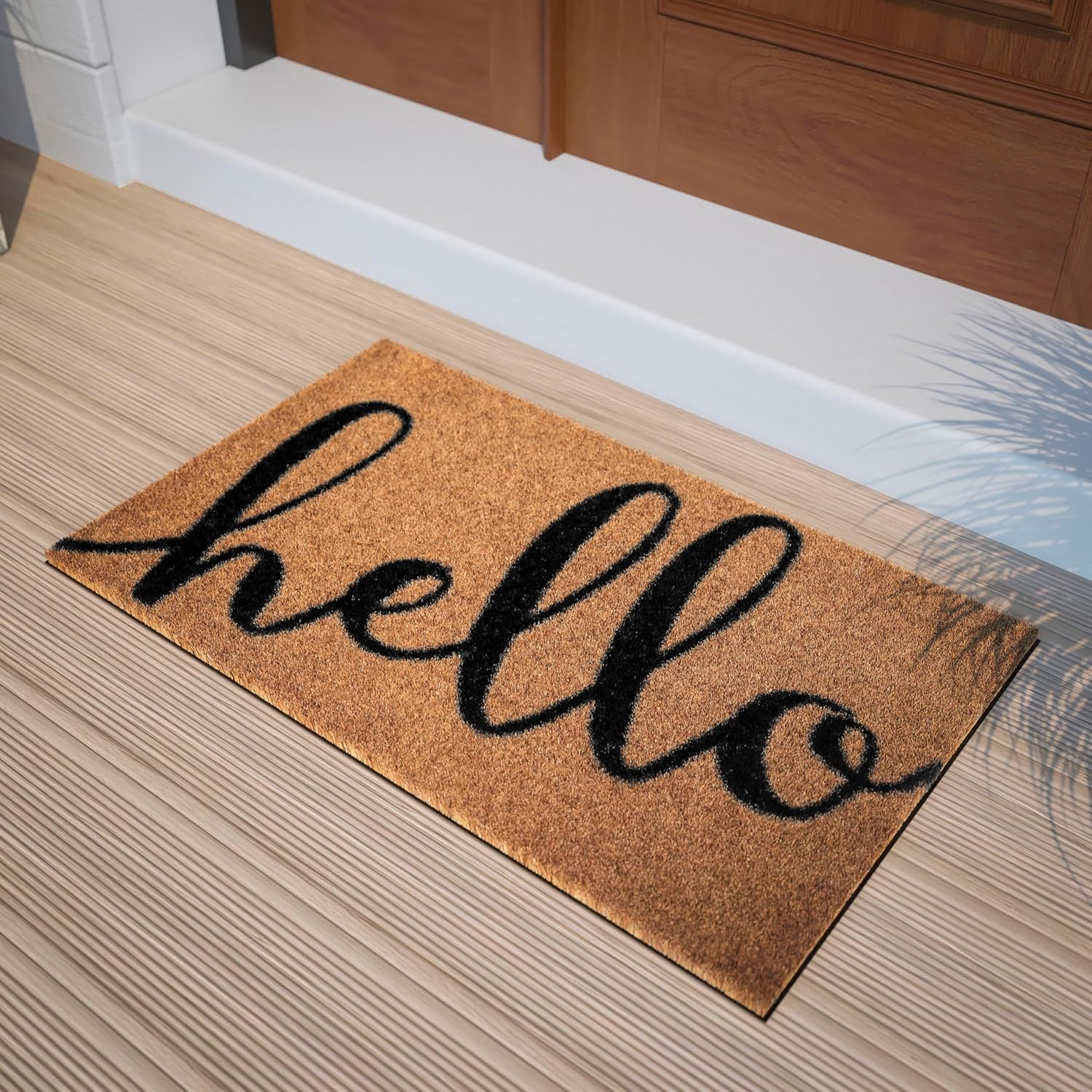 BizChair Indoor/Outdoor Coir Doormat - Natural Background with Black Hello Message - 18 x 30 - Non-Slip Backing
