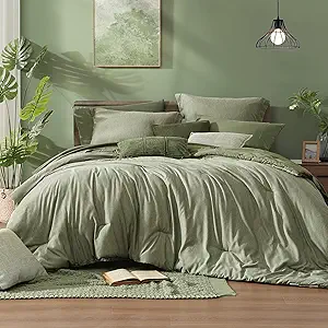 Monbix King Size Comforter Set, Sage Green King Size Bed Set Reversible 7 Pieces, Cationic Dyeing Bed in a Bag with Comforter, Sheets, Pillowcases & Shams