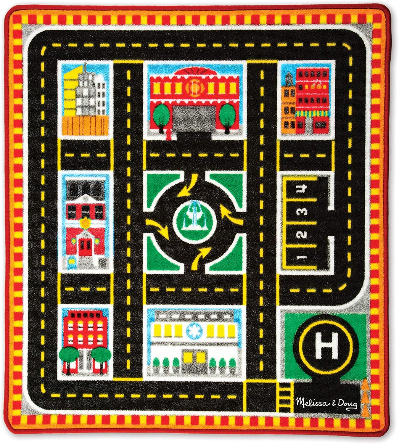 Melissa & Doug Round The City Rescue Rug With 4 Wooden Vehicles (39 x 36 inches) , Black
