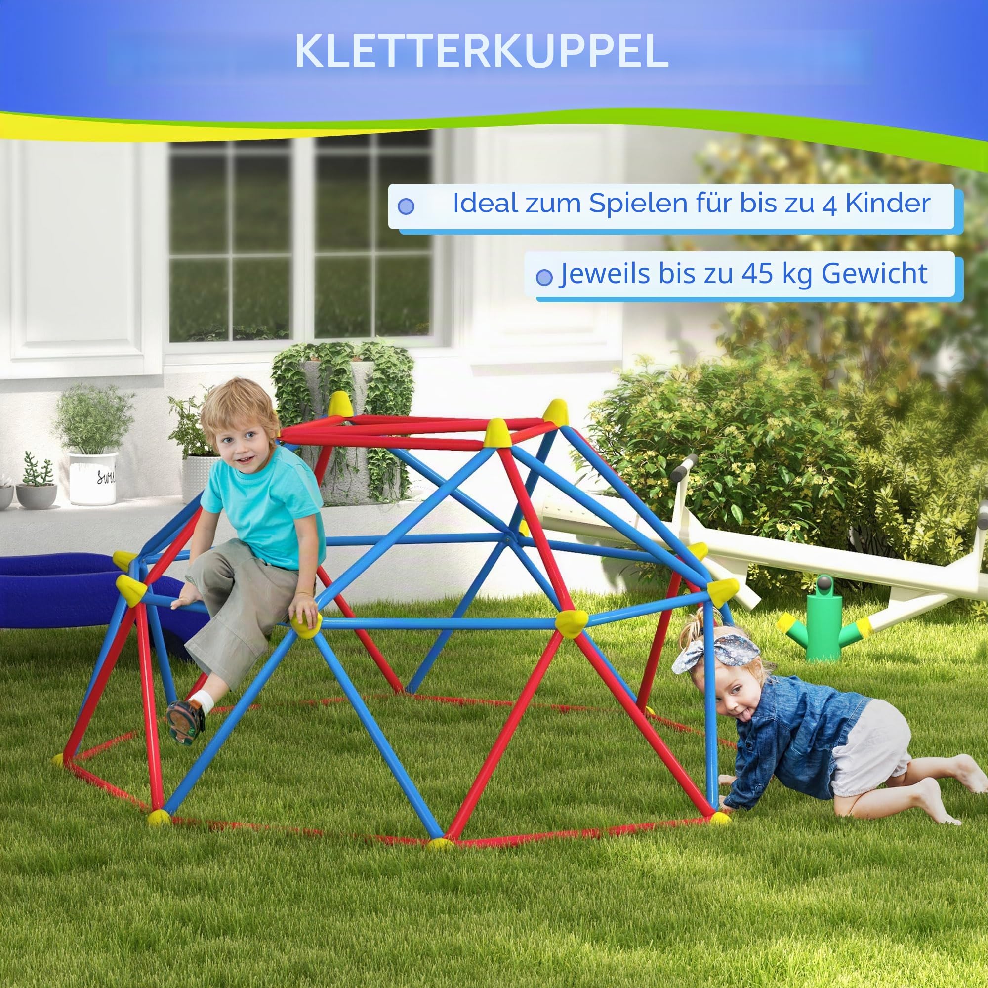 Outsunny Kletterkuppel für Kinder, 183 cm, Kletterkäfig aus Metall, maximale Belastung 180 kg, Outdoor-Spielplatz für Kinder von 3 bis 8 Jahren, einfache Montage, mehrfarbig