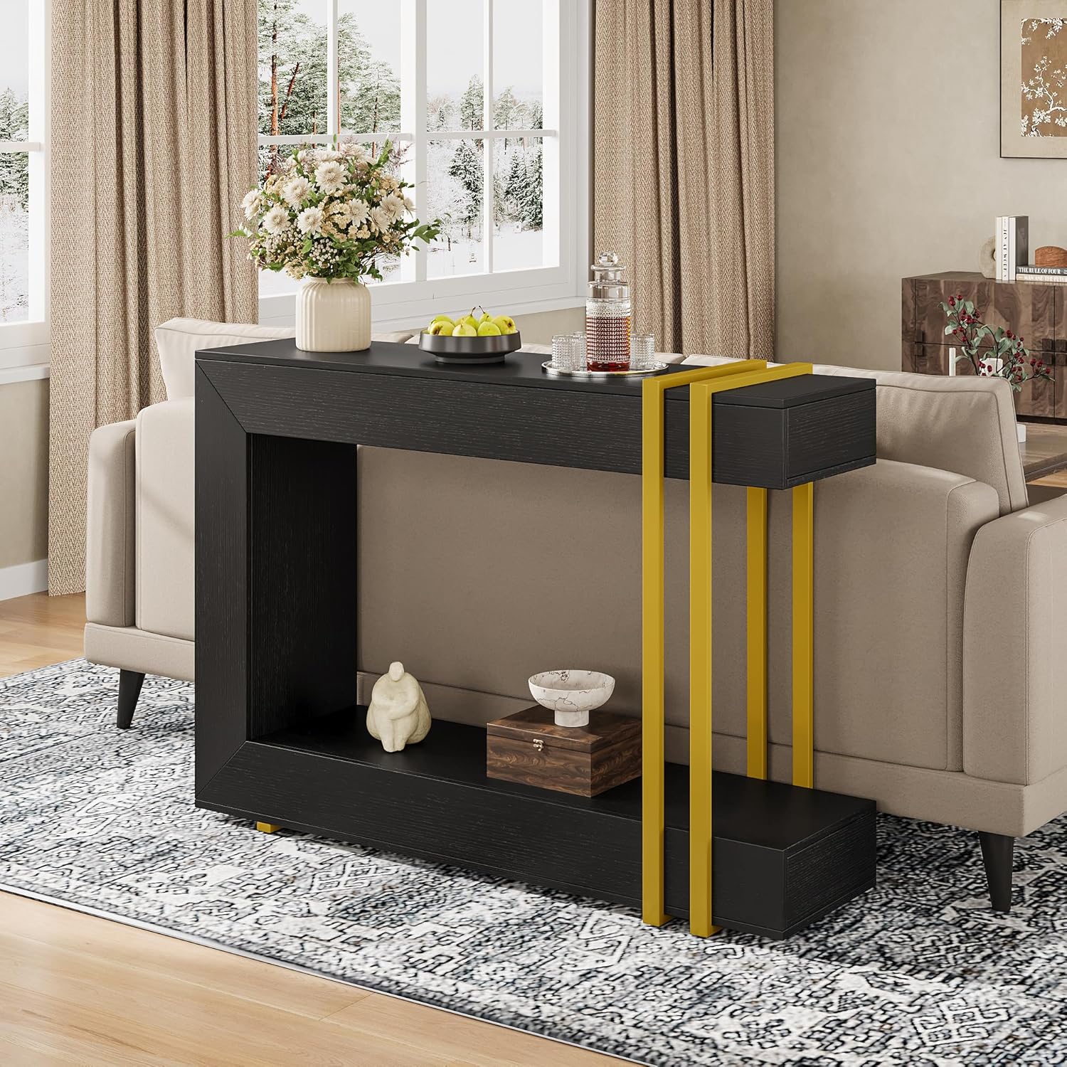 42.5" Console Table Behind Couch, 2-Tier Narrow Entryway Table with Storage, Wood Sofa Tables for Hallway/Entrance/Living Room/Foyer, Black