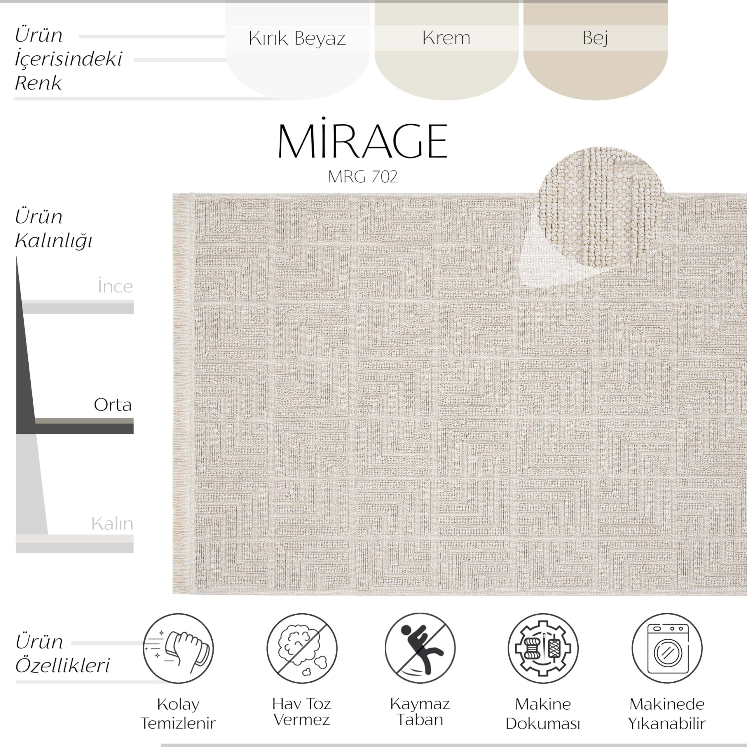 Cool Halı Mirage Bej Halı Bukle Kaymaz Taban Yıkanabilir Halı Geometrik Desen Oturma Odası Halısı
