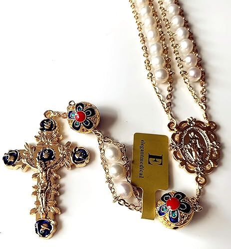 Miniatura 4 de elegantmedical Hecho a mano 18K chapado en oro de la escalera al cielo perla y esmalte perlas católica rosario crucifijo collar caja, Cobre