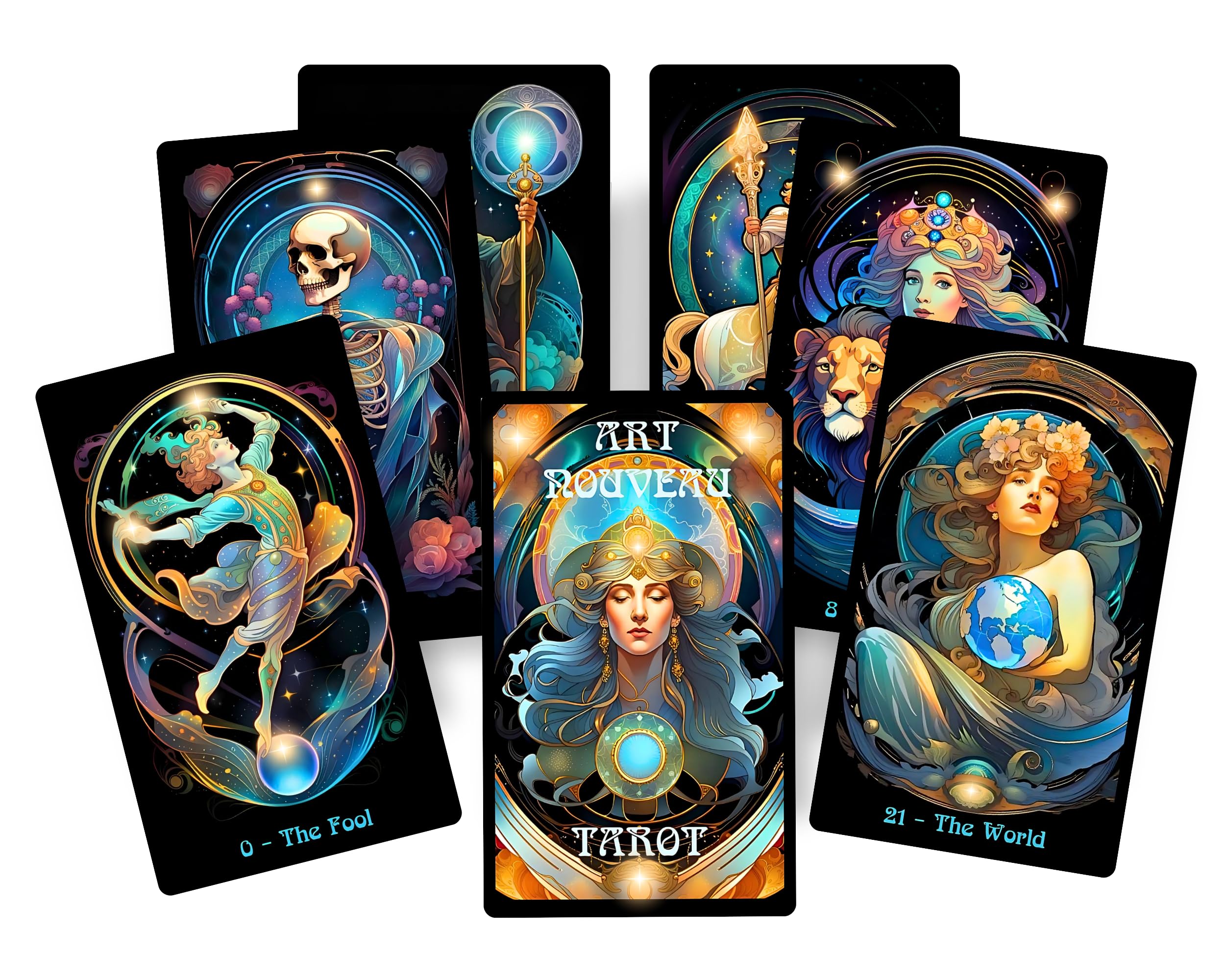 Baraja de tarot Art Nouveau | 78 cartas ilustradas con arte de línea fluida y simbolismo místico | Elegante herramienta de adivinación inspirada en la Belle Époque