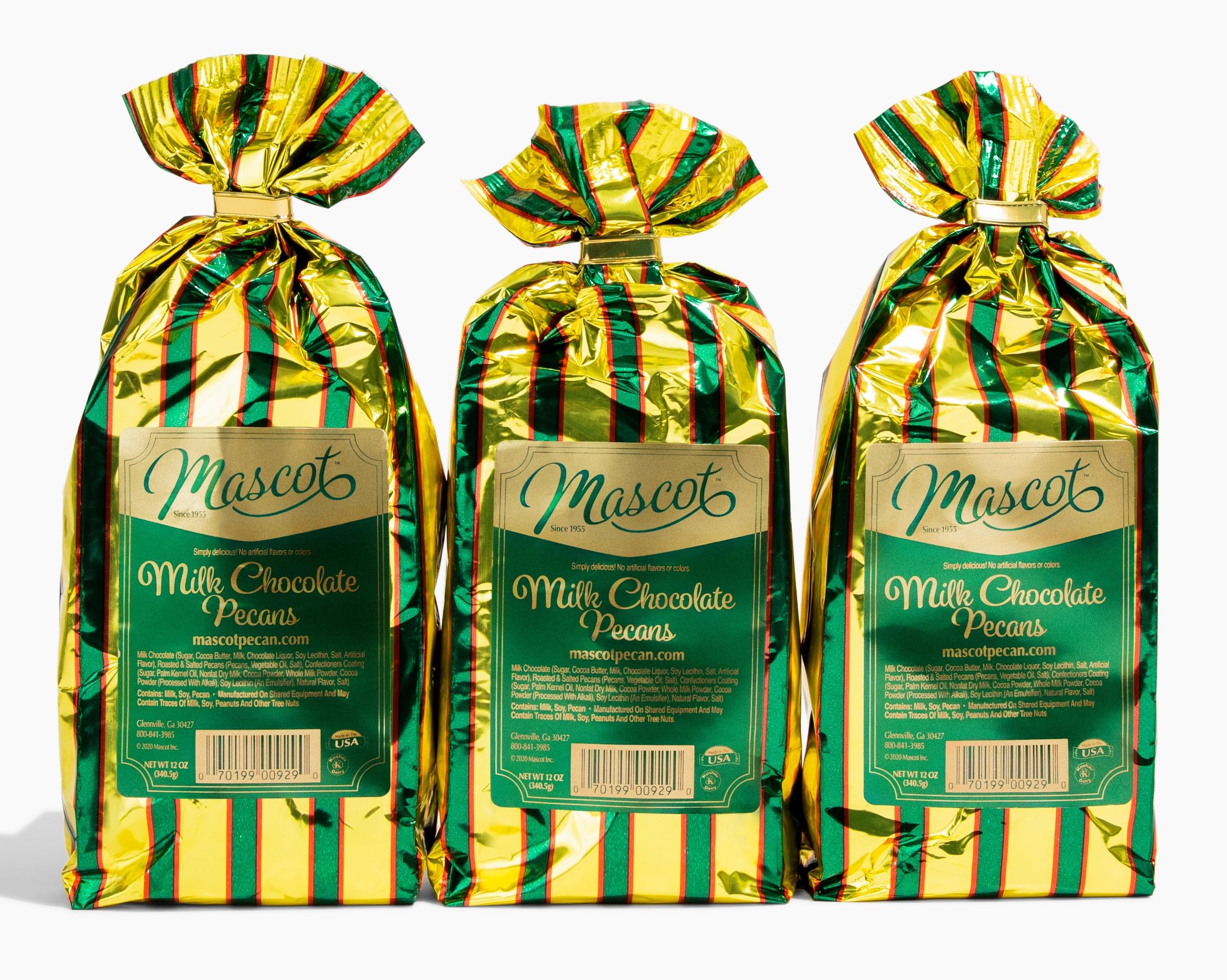 Mascot Nut and Candy Gifts since 1955- (3) 12 oz Bags of Milk Chocolate covered Georgia Pecans