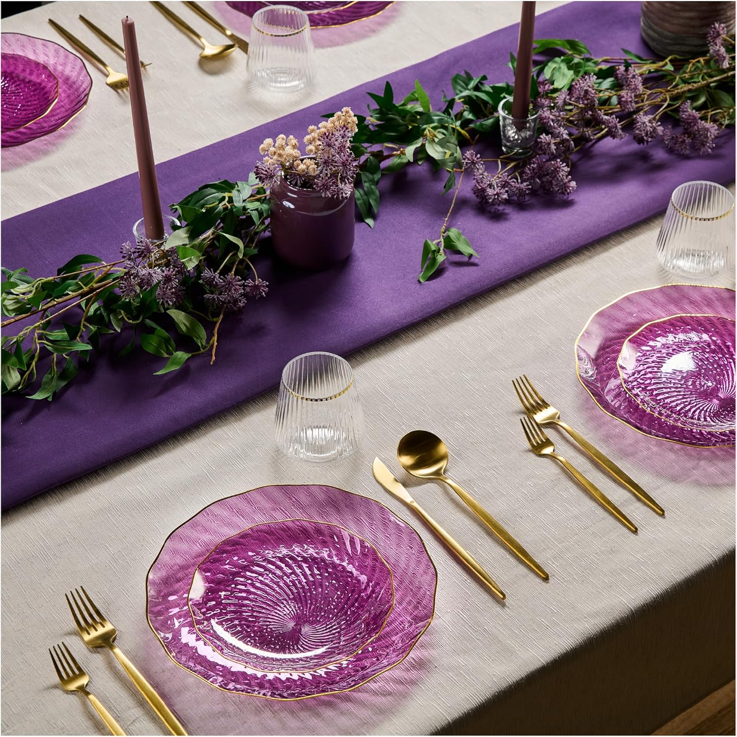 PLASTICPRO 120 Pack Plastic Plates Set of 60-10 inch Plates and 60-7 inch Plates, Elegant Clear Purple Spiral and Gold Rim Disposable Fancy Plates Premium Heavyweight