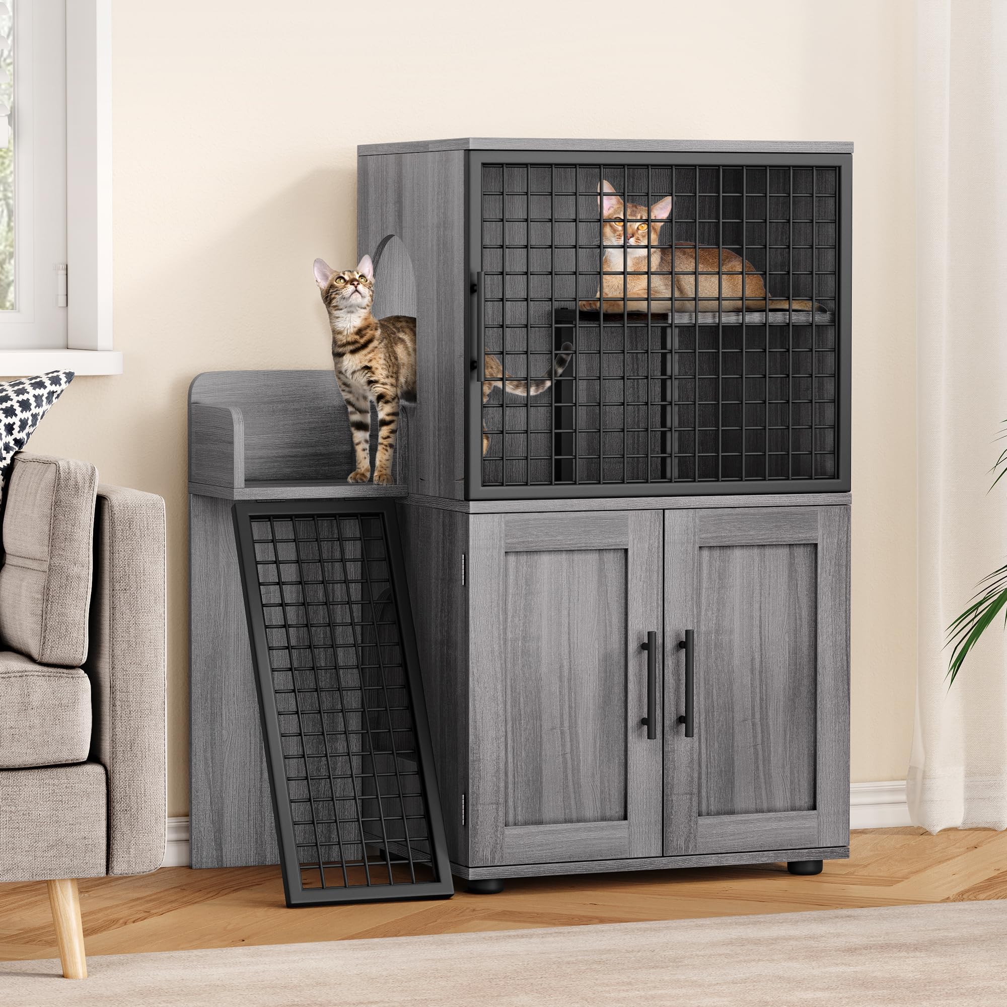 Cat Litter Box Enclosure Furniture with Double Layer Design, Hidden Litter Box & Lounge Villa for Indoor Cats - Includes Ladder, Platform, and Washroom Space for Living Room, Wax Wood - image 7