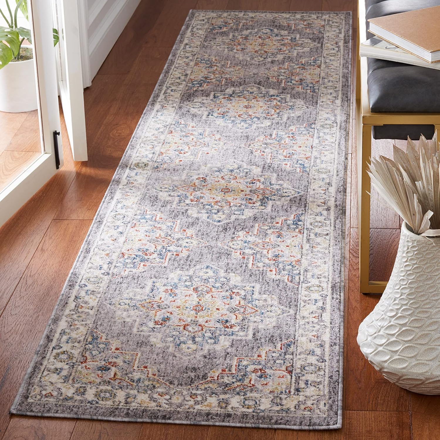 SAFAVIEH Olympia Collection Runner Rug - 2'3" x 9', Dark Grey & Beige, Oriental Medallion Design, Non-Shedding & Easy Care, Ideal for High Traffic Areas in Living Room, Bedroom (OPA208F)