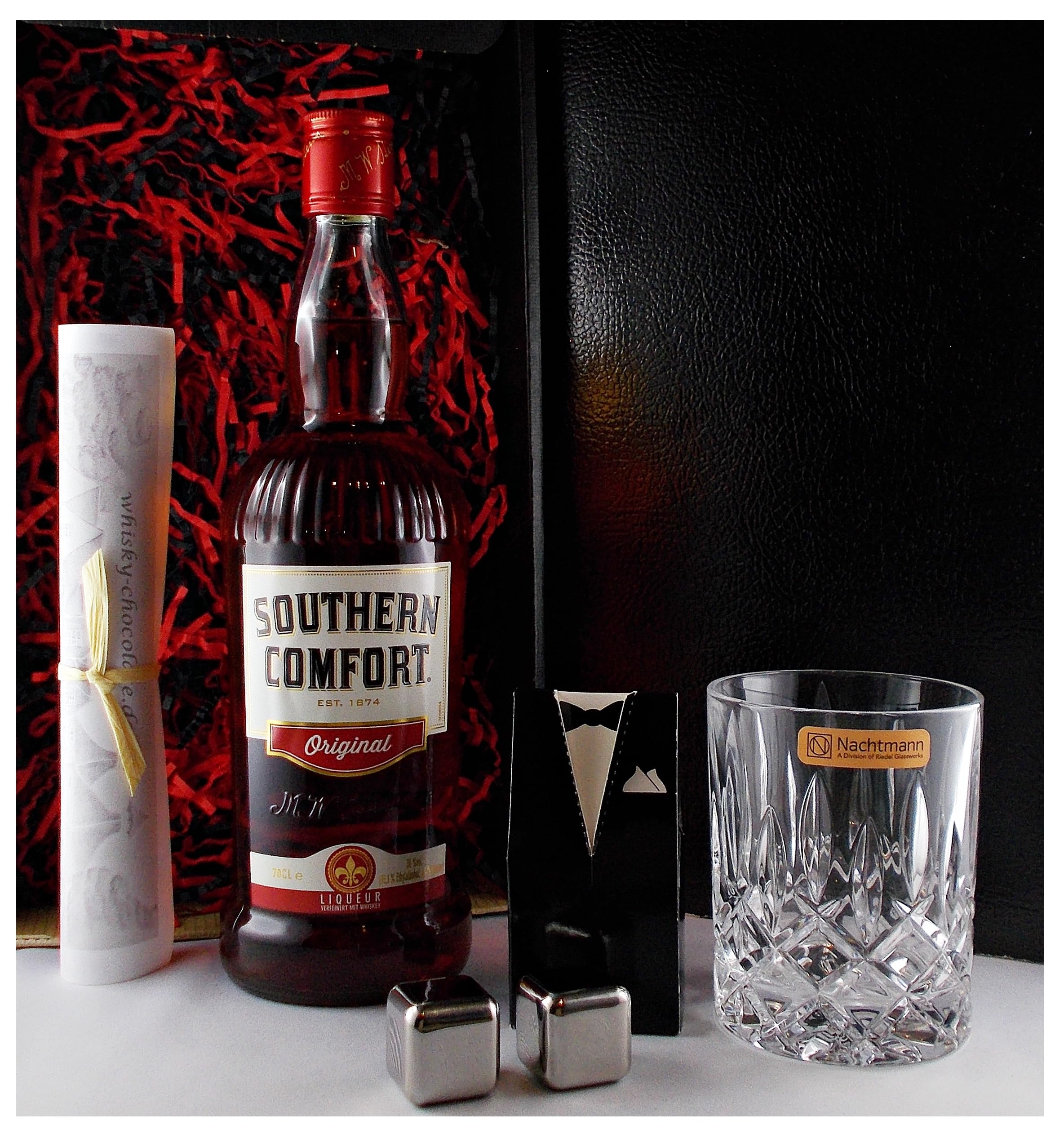 Southern Comfort Whiskeylikör + Whiskeyglas + 2 Whisky Kühlsteine im Smoking Genießerset Männergeschenke Geschenkset Whiskey Likör Frauengeschenke