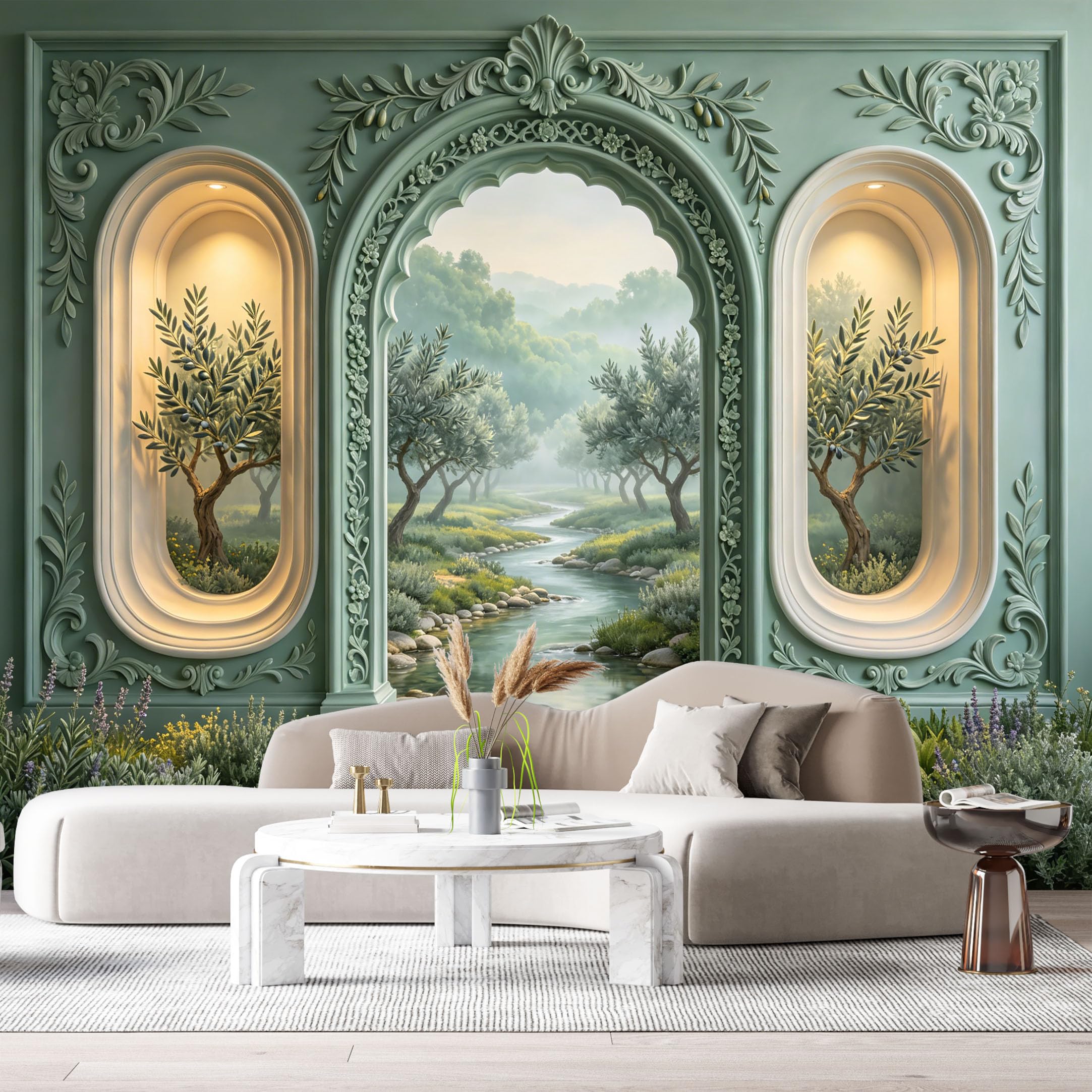 Custom Size Wall Murals Neoclassical Archway River Landscape 3D Trompe L'Oeil SelfAdhesiveWall Fabric Removable Wallpaper Wall Decor for Living Room Bedroom Bathroom